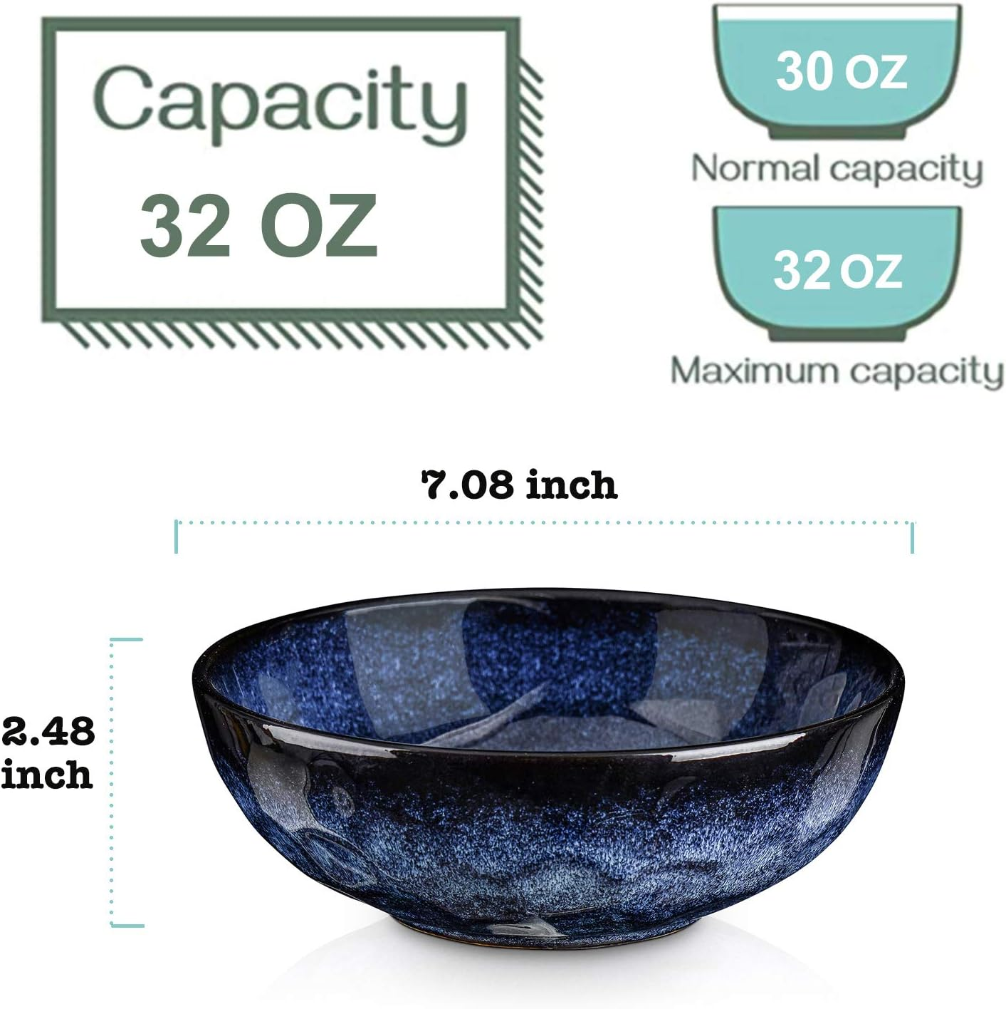 Vicrays Ceramic Salad Bowls Set for Kitchen, Serving - 32 Ounce Soup Bowls, Pasta Bowls, Chip Resistant, Dishwasher Microwave Safe, Large, Fluted, Stoneware, Set of 6 (Blue) image number 6
