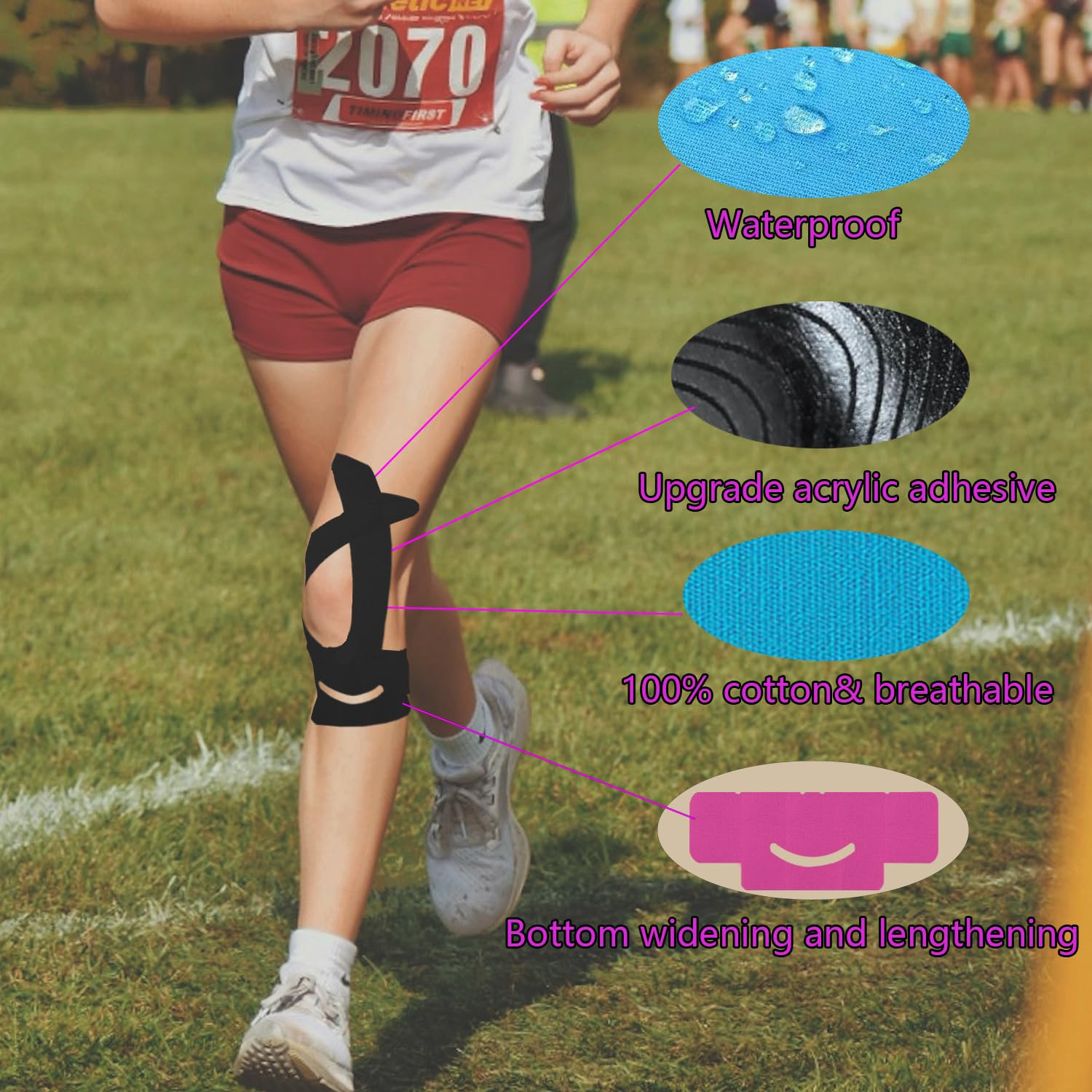 Kinesiology Tape for Knees, 12 Count Pre-Cut Waterproof Knee Tape for Knee Pain Relief Pre Cut, Original Cotton Athletic Tape, Durable Knee Tape for Sports and Long-Lasting Support (Black) image number 1