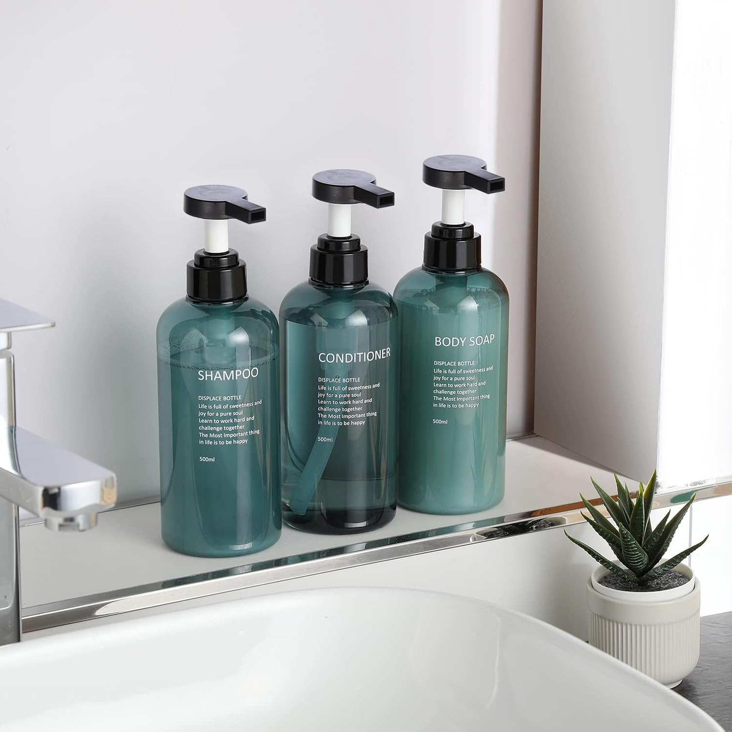 16.9 Oz Shampoo and Conditioner Dispenser with Black Plastic Pump, 3 Pack Shampoo Conditioner Body Wash Dispensers, Shower Soap Dispensers, Blue Plastic Refillable Shampoo and Conditioner Bottles image number 3