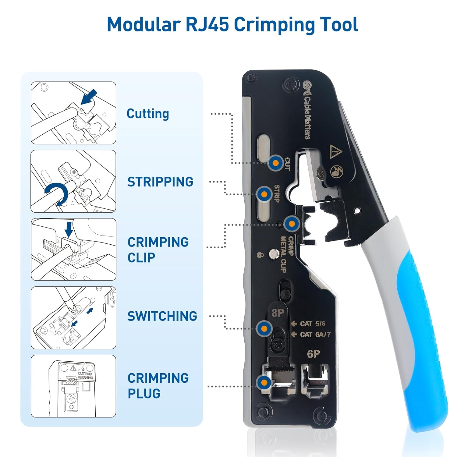 Cable Matters All-In-One Modular Ethernet Crimping Tool Cat 8 (Cat5 Cat6 Cat7 Cat8 Crimping Tool) for Shielded Pass-Through Connectors image number 1