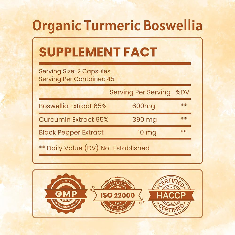 Boswellia Extract Capsules with Turmeric Turmeric Curcumin Bioperine Organic Boswellia Capsules with Turmeric Curcumin Bioperine 90 Count 1000 Mg Pack of 1
