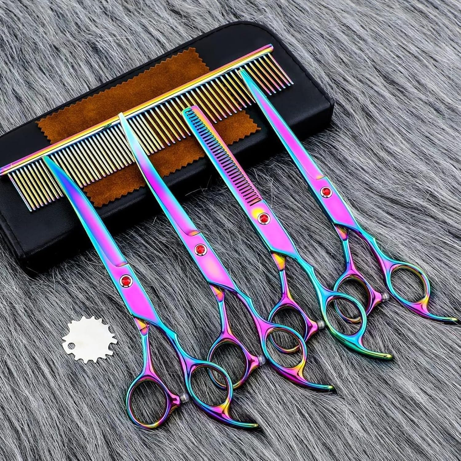 Visuivit Professional Dog Grooming Scissors Set 18Cm/7 Inch, 8 Piece Dog Grooming Shears - Dog Hair Trimming- 6CR Steel Pet Grooming Scissors Kit (Rainbow) - Black image number 6