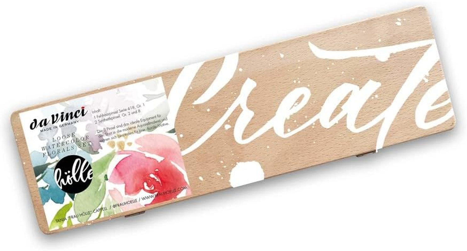 Brush Set in Wooden Box Woman Hell & Da Vinci, Loose Watercolour Florals - 3 Brushes, Green