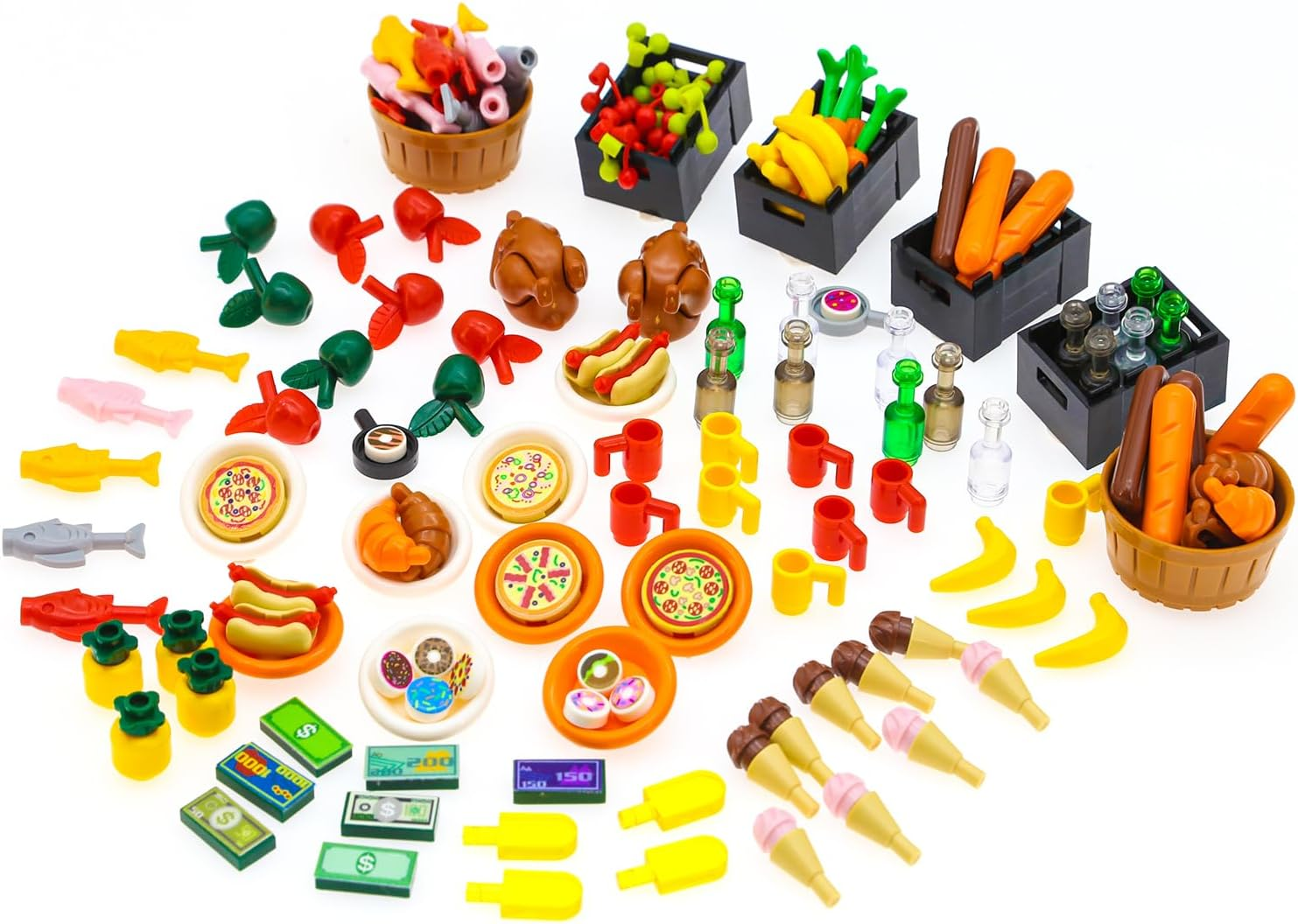 Bloxbrix 180Pcs City-Friends Brick-Food-Pieces -Fruit-Apple-Banana-Pineapple-Cherry Desserts-Ice Cream-Cake-Sweet Cone Picnic-Pizza-Hotdogs-Turkey-Fish-Beer-Money Toys for Extra Bricks image number 5