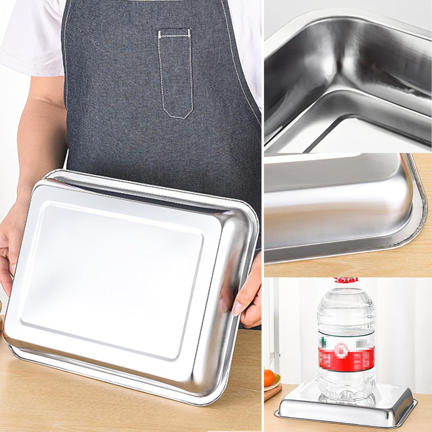 3Pcs Stainless Steel Breading Trays Set, Breading Dishes for Chicken Breasts, Marinating Meat and Prepping Meals (10.4"" X 7.7"" X 1.9""), Silver, BXGTP-20231224 image number 4