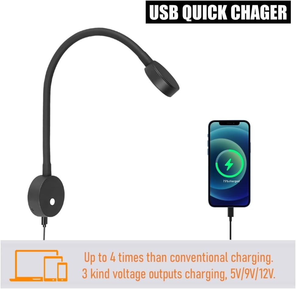 RV LED Reading Light Flexible Spot Inbuilt USB Charger&Red Night Light 12V Bedside Lamp for Motorhome Caravan Campervan Boat, Inbuilt Dimmer Switch DC12-24V Hard-Wired image number 6