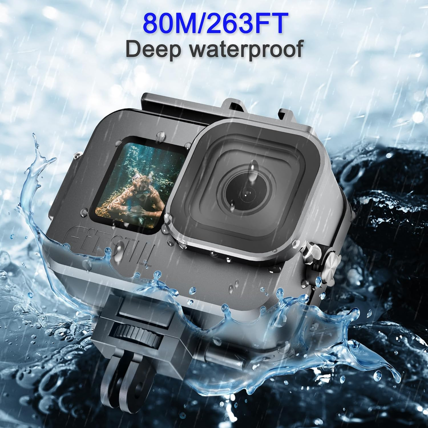 Fitstill 263FT/80M Aluminum Alloy Protective Underwater Waterproof Case for Go Pro Hero 13 Hero 12 Hero 11 Hero 10 Hero 9 Black,2 Cold Shoe Bracket for Hero13/12/11/10/9 Black Action Camera Accessory image number 4