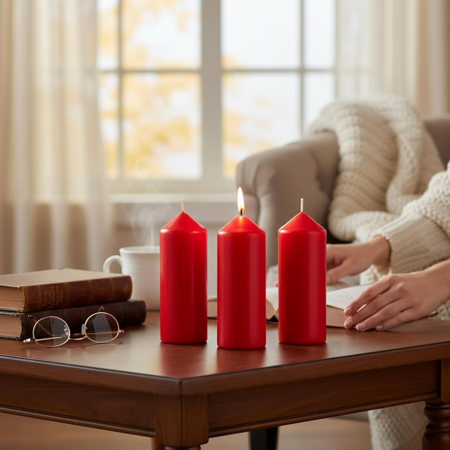 MIJOMA Pillar Candles Set of 4 - High-Quality Coloured Candles for Advent Wreath and Christmas Decoration - Odourless & Low Soot (Red, 7 X 15 Cm) image number 1