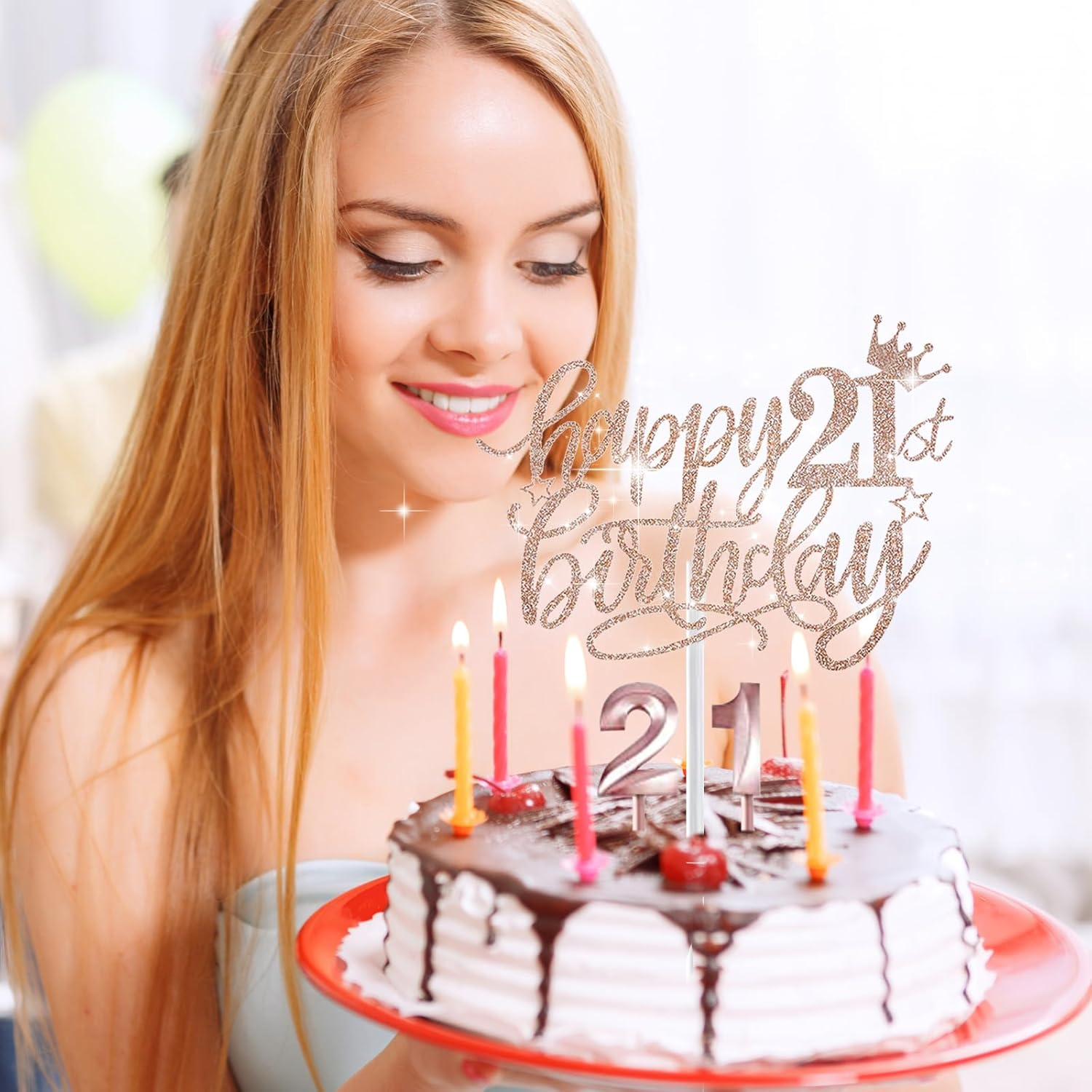 Happy 21St Birthday Decorations, 21St Birthday Tiara Crown, Birthday Cake Topper and Number 21 Candles, Birthday Sash, Rose Gold 21 Year Old Birthday Party Decorations for Women Gifts image number 1