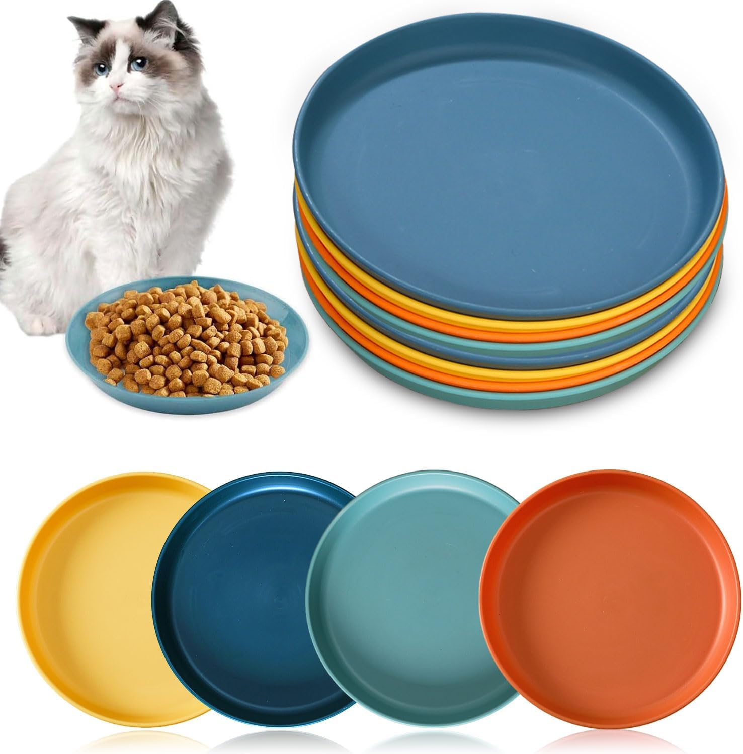 Pack of 10 Flat Cat Bowls, round Cat Plates, Colourful Cat Food Bowl Set, Cat Plate for Kittens and Short-Legged Cats