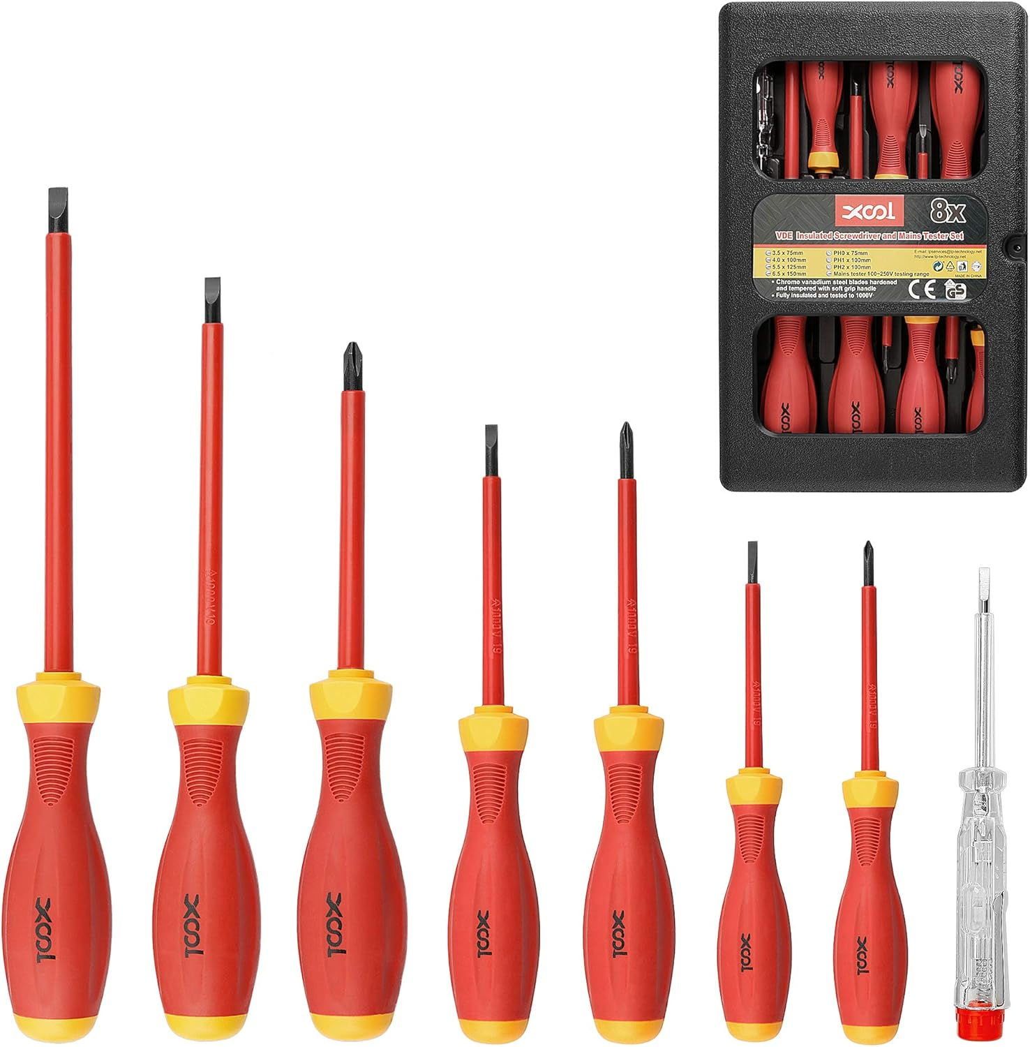 XOOL 1000V Insulated Electrician Screwdriver Set, 8-Piece with Magnetic Tips, Non-Slip Handle, Slotted & Phillips, Chrome Vanadium Steel, VDE & GS Certified for Safe Electrical Work image number 4