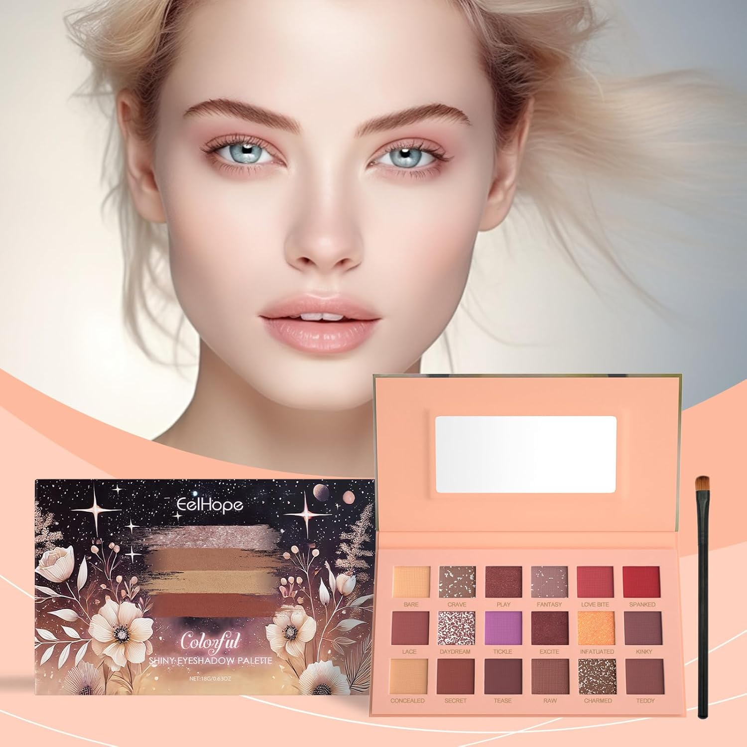 Colorful Shiny Eyeshadow Palette, 18 Colours, with Makeup Brush image number 2