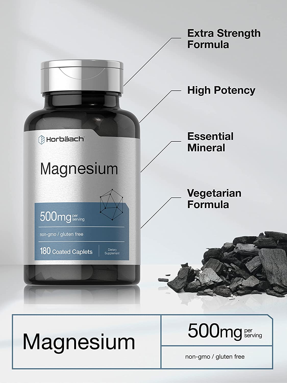 Magnesium 500Mg | 180 Caplets | as Magnesium Oxide | Vegetarian, Non-Gmo, and Gluten Free Supplement | by Horbaach image number 6