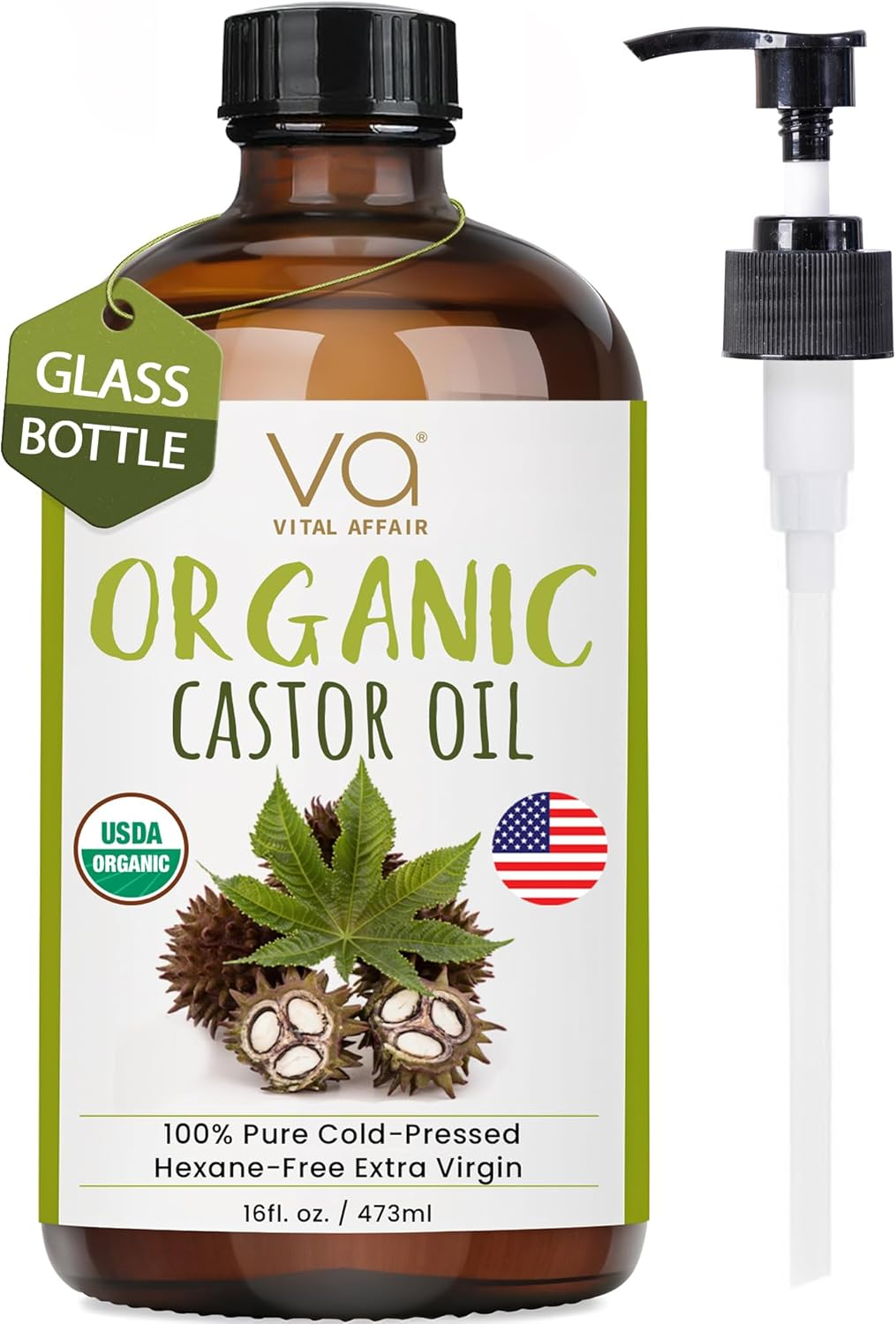 VITAL AFFAIR Pure Castor Oil Organic Cold Pressed Unrefined Glass Bottle-Usda Certified for Castor Oil Pack Wrap for Face,Hair Growth,Eyelashes,Eyebrows-16Oz image number 3