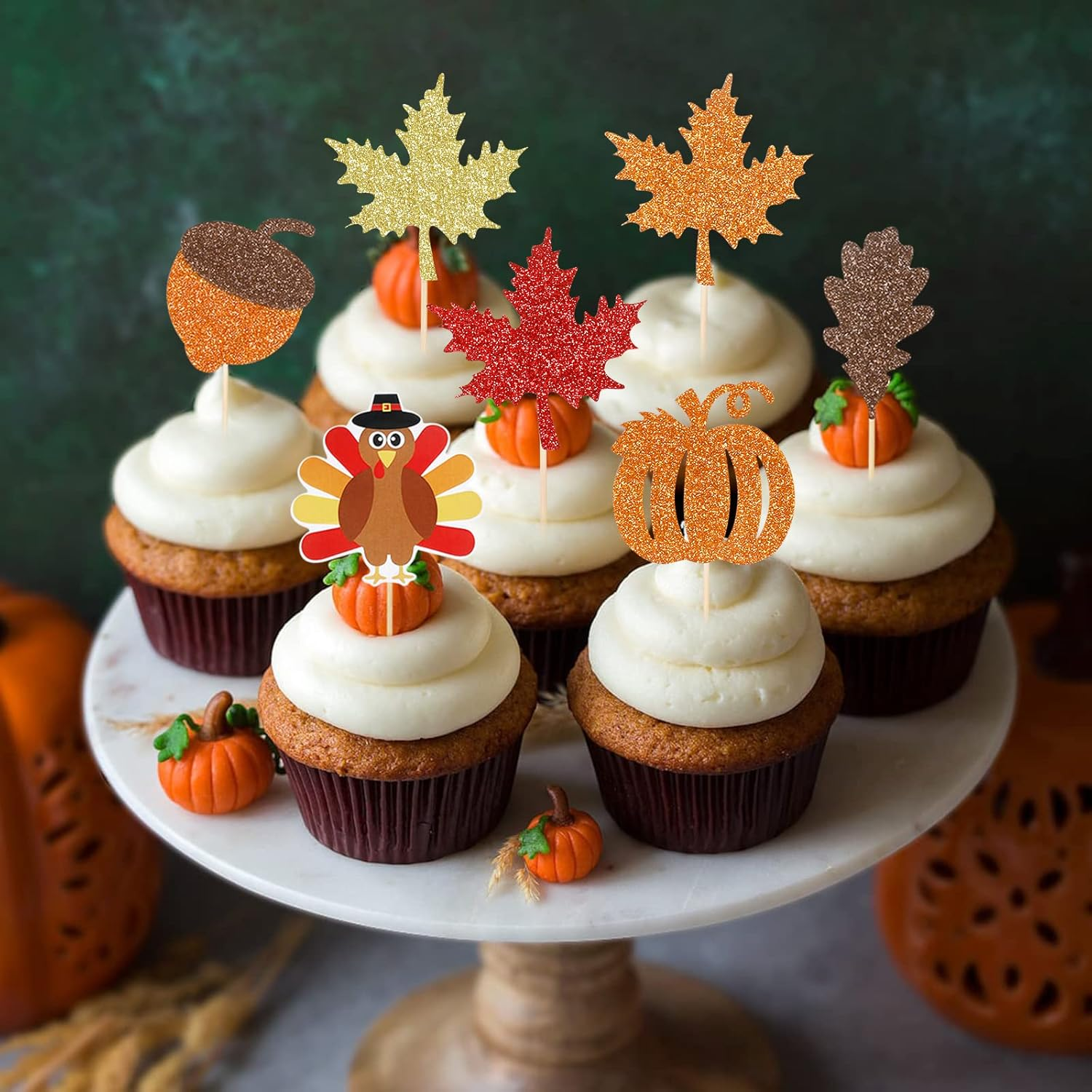 Thanksgiving Cupcake Toppers Turkey Food Picks Maple Leaf Pumpkin Cupcake Picks Decorations Fall Cupcake Toppers for Thanksgiving Party Cake Food Supplies - 35Pcs image number 1