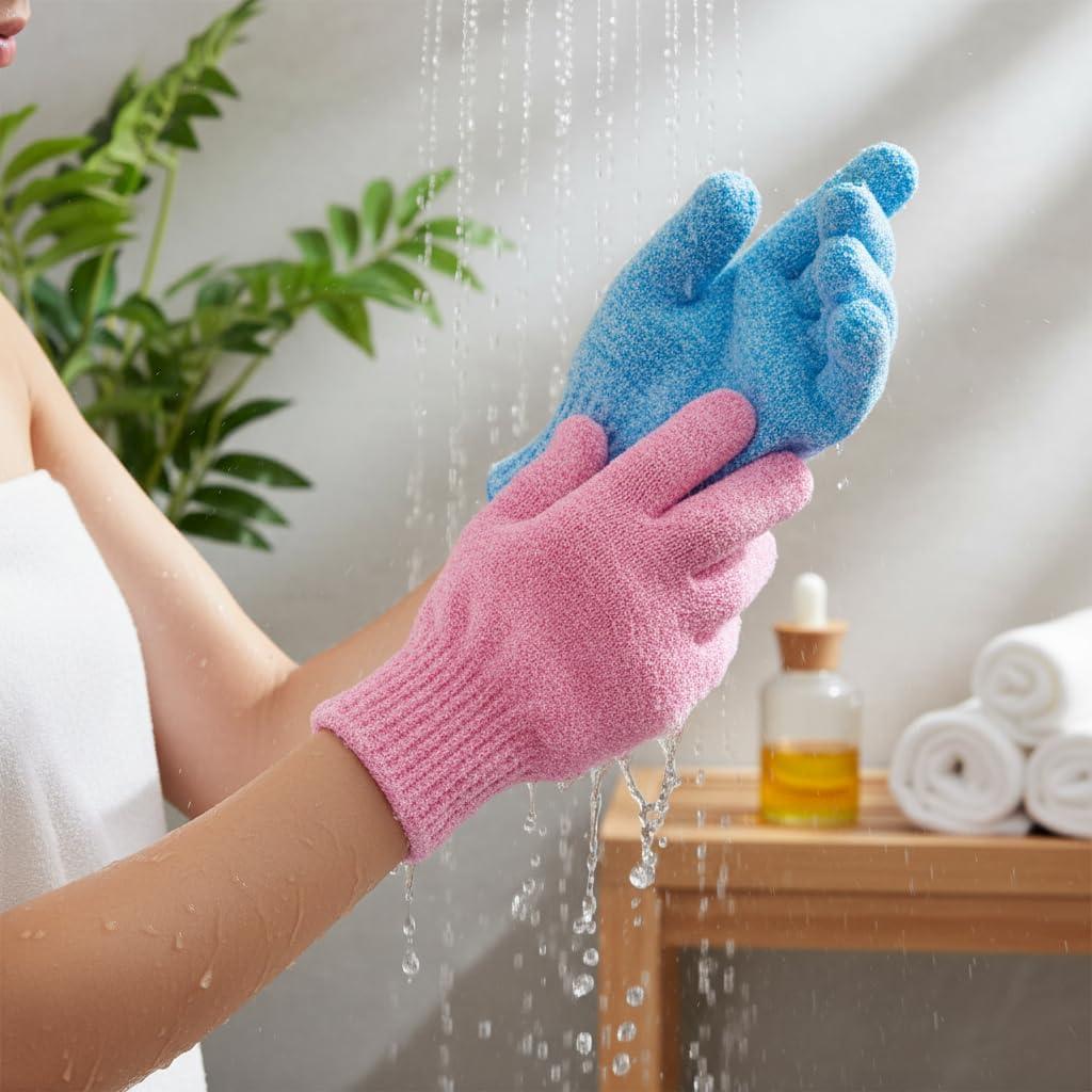 Exfoliating Gloves for Shower, Body Scrub Mitts to Remove Dead Skin Cells and Improve Skin Texture - 6 Pcs Set of Bath Gloves for Deep Cleansing(Green,Blue,Pink) - Abvian image number 3