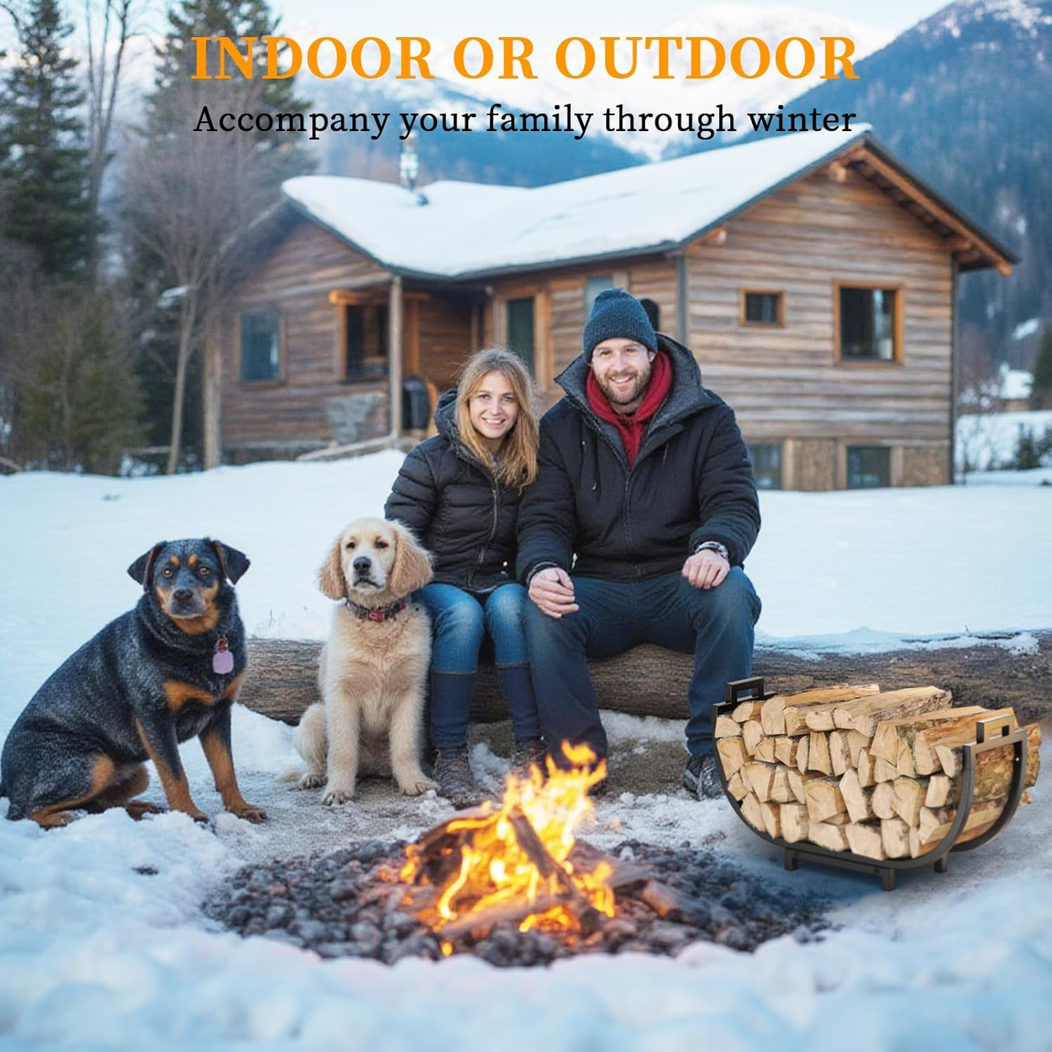 Elbourn Firewood Rack, 24 Inch Indoor Fireplace Log Holder with Carrier, Thickened Metal Rustproof Wood Storage Rack