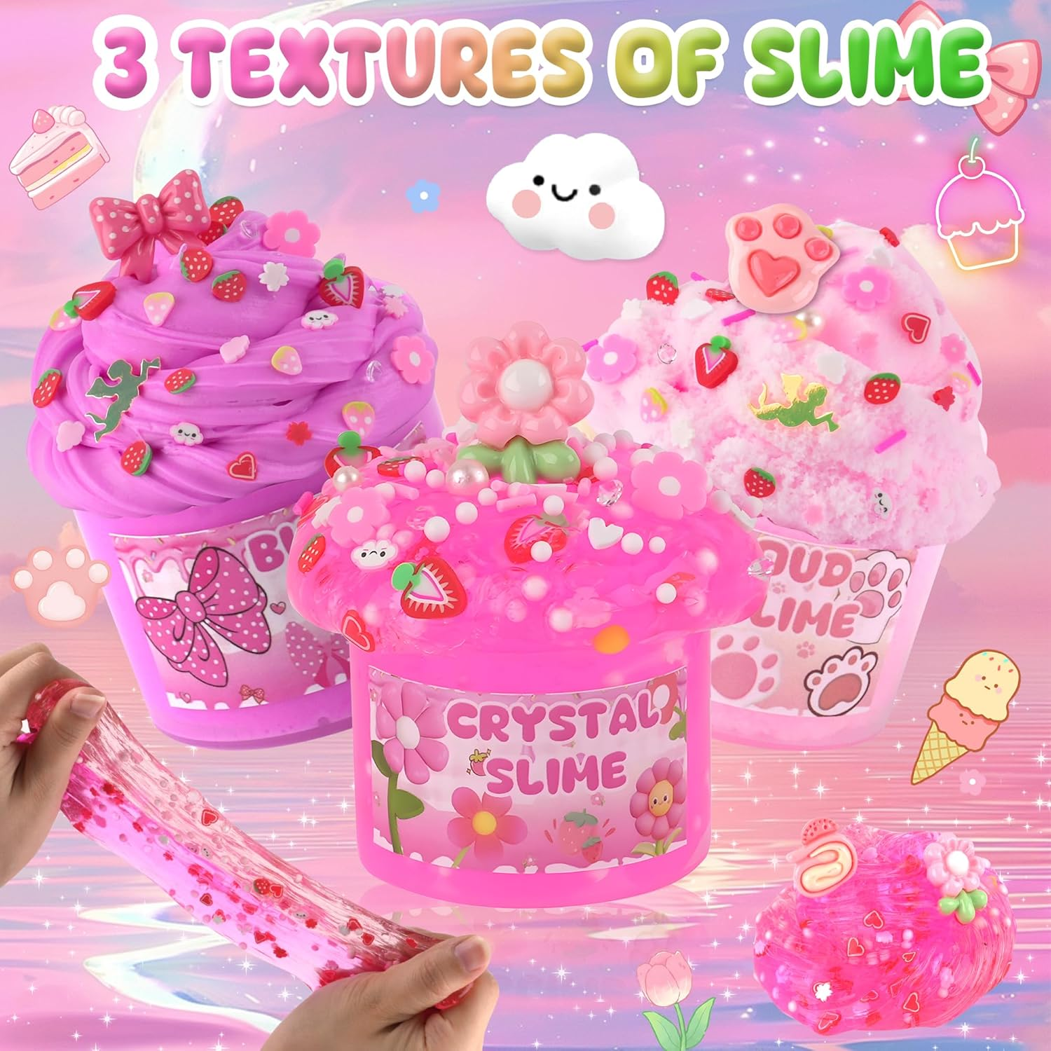 6 Packs Gradient Pink Slime Kit - Cloud Slime, Butter Slime & Clear Slime, Crunchy Slime for Kids with Various Slime Add-Ins, Non Sticky Slime Party Favors for Girls and Boys, 360Ml Kids Slime image number 2