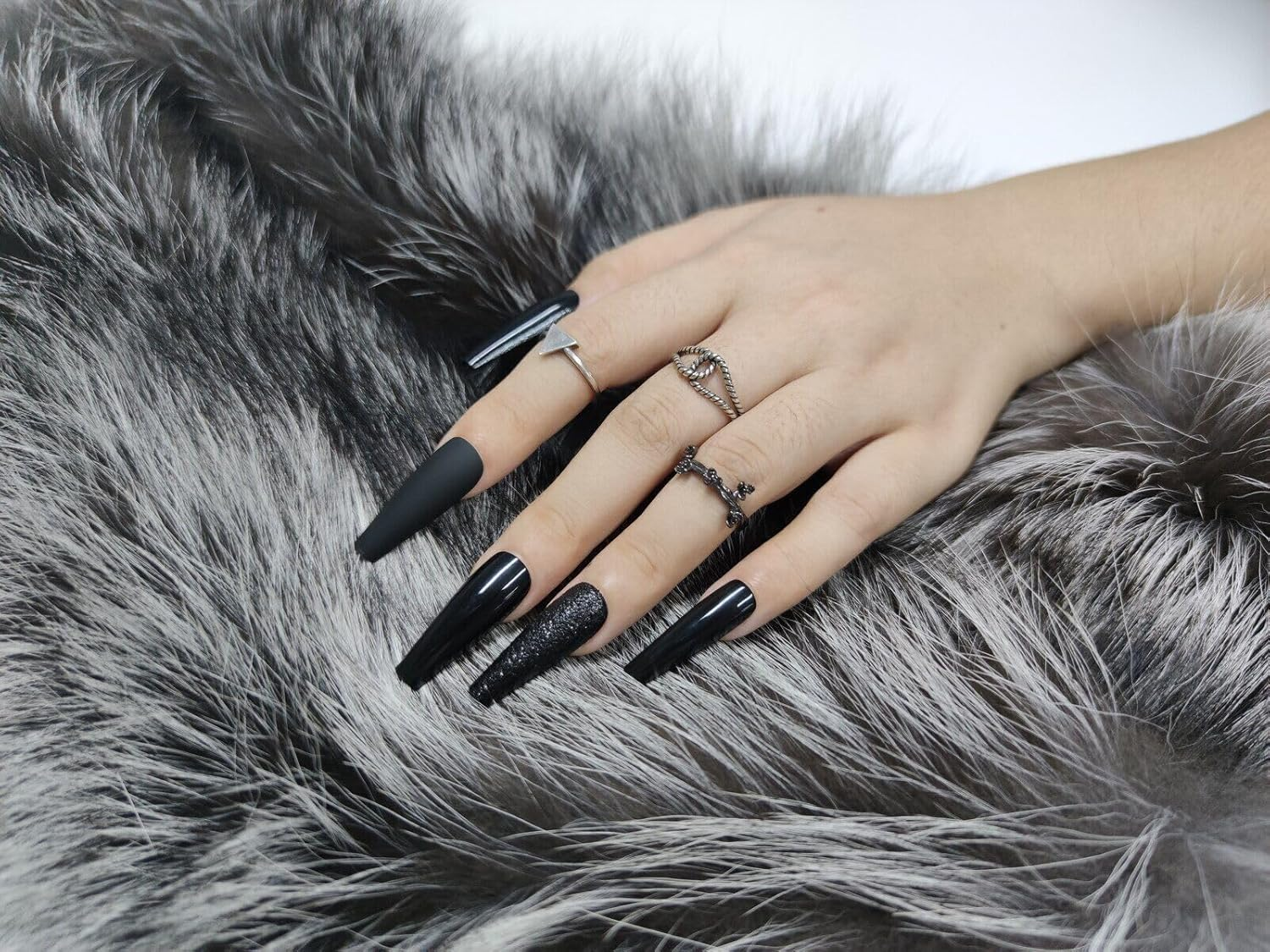 Press on Nails Fake Long Coffin Nail Tips Black Mix 20 Pcs image number 1