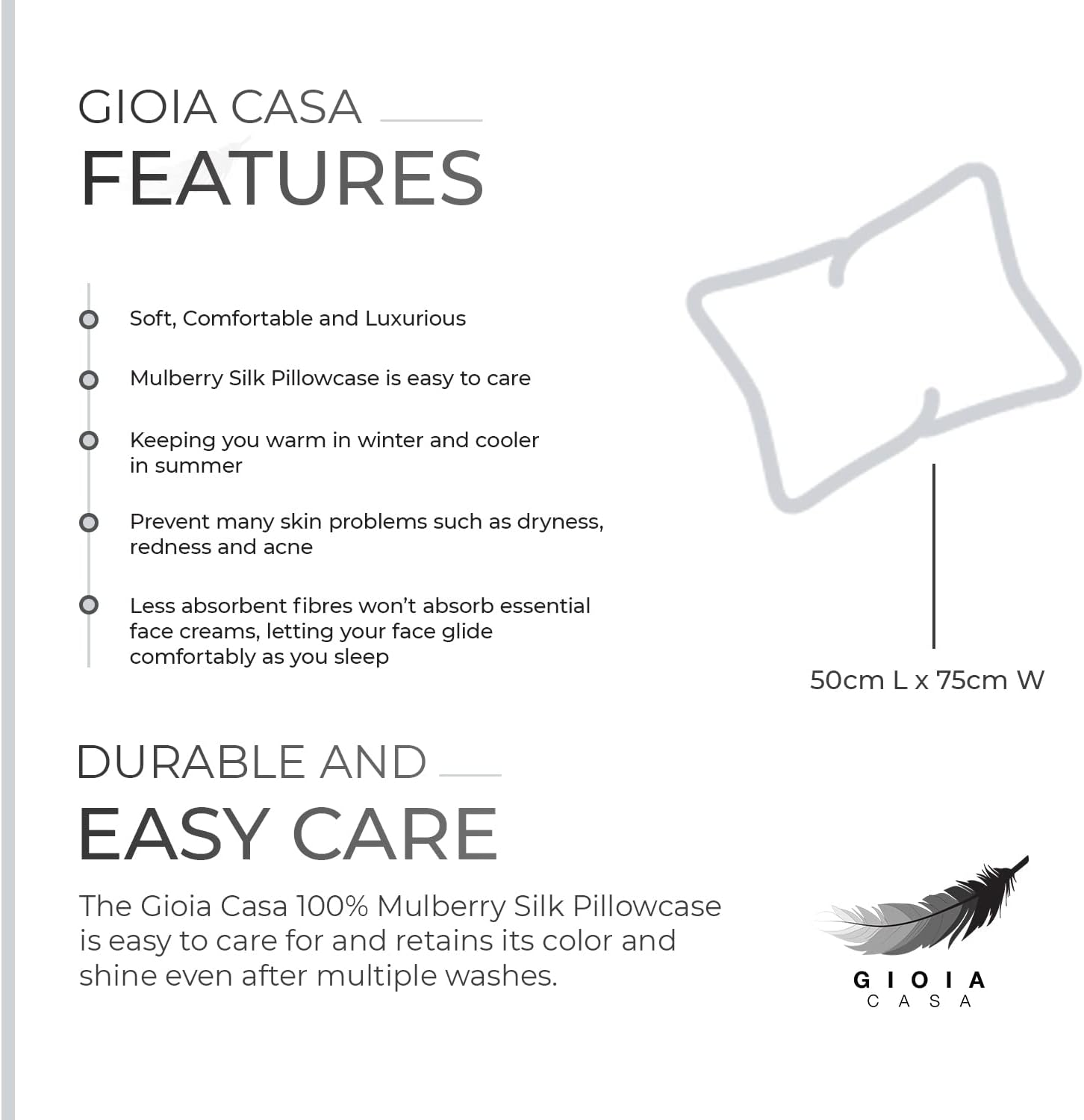 Gioia Casa Luxury Pillowcase - 100% Pure Mulberry Silk on Both Sides - Soft anti Wrinkle, Hypoallergenic, Washable Bed Pillowcases - Premium Pillow Cover That Protects Your Hair and Skin - White - Black image number 5