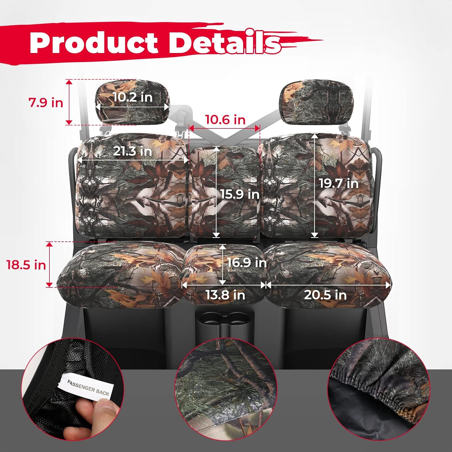 KEMIMOTO UTV Seat Covers Camo, Waterproof Repellent UTV Seat Cover Set W/Headrest Cover Compatible with Can Am Defender Front Two Doors Split Bench- Camo image number 2