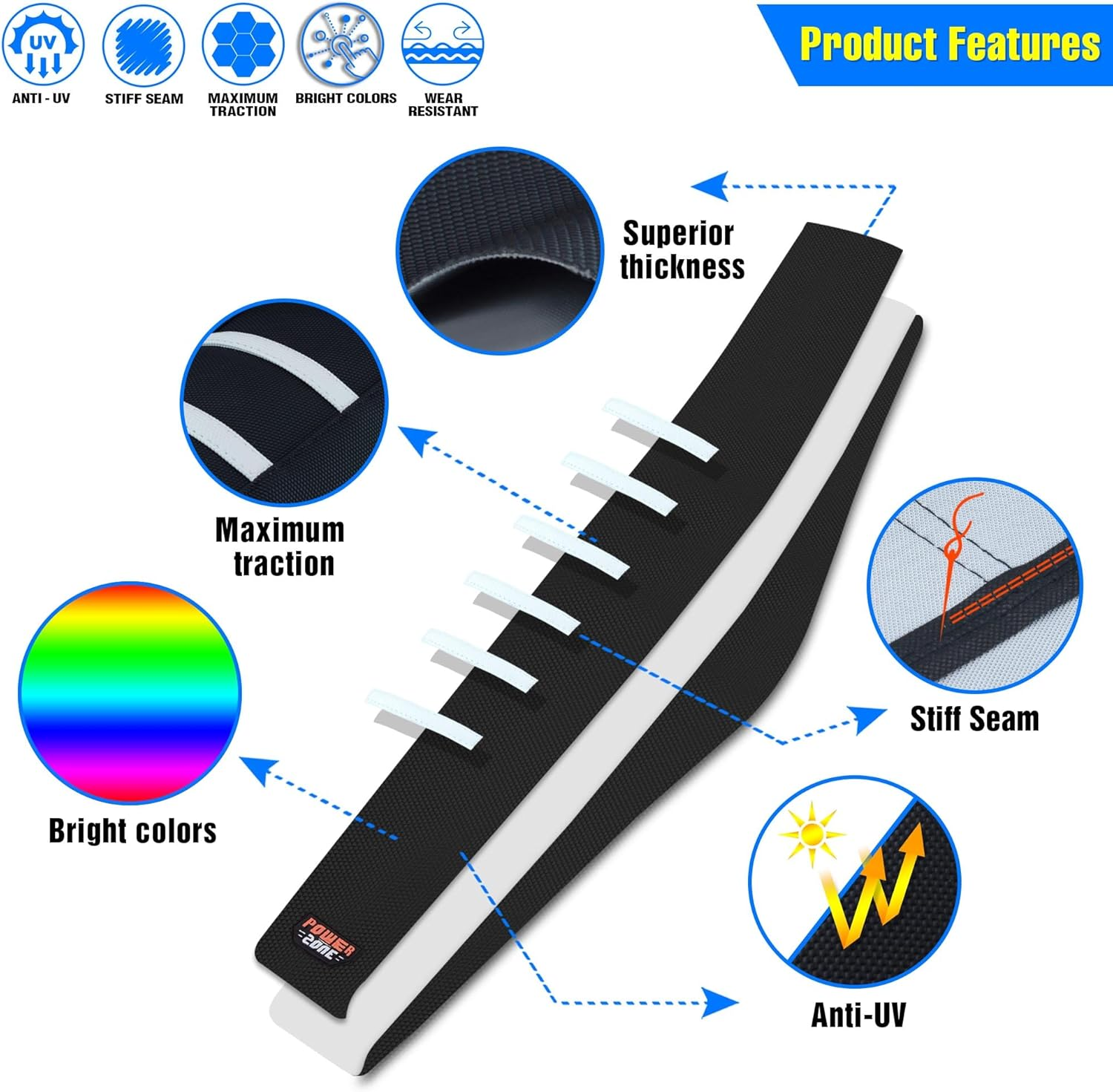 MCHMFG Motorcycle Universal Seat Cover Non-Slip Rubber Striped Gripper Soft Sewing for CRF WR WRF RMZ YZF SXF EXC EXC XC SX CR KLX Dirt Pit Bike Motocross off Road Motorbike (White) - Green image number 6