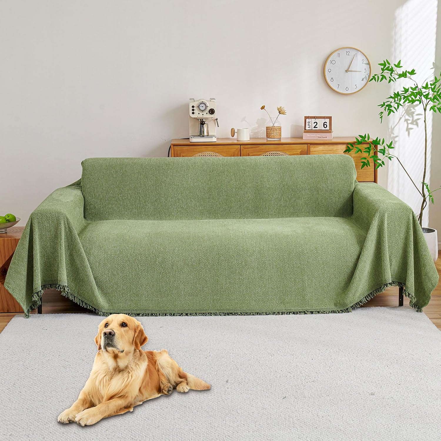 HAOMAIJIA Chenille Couch Cover Sofa Covers for 3 Cushion Couch Washable Sectional Couch Covers for Dogs Pet Furniture Protector Couch Cover Blanket for Living Room (Sage Green, 91"X118") image number 4