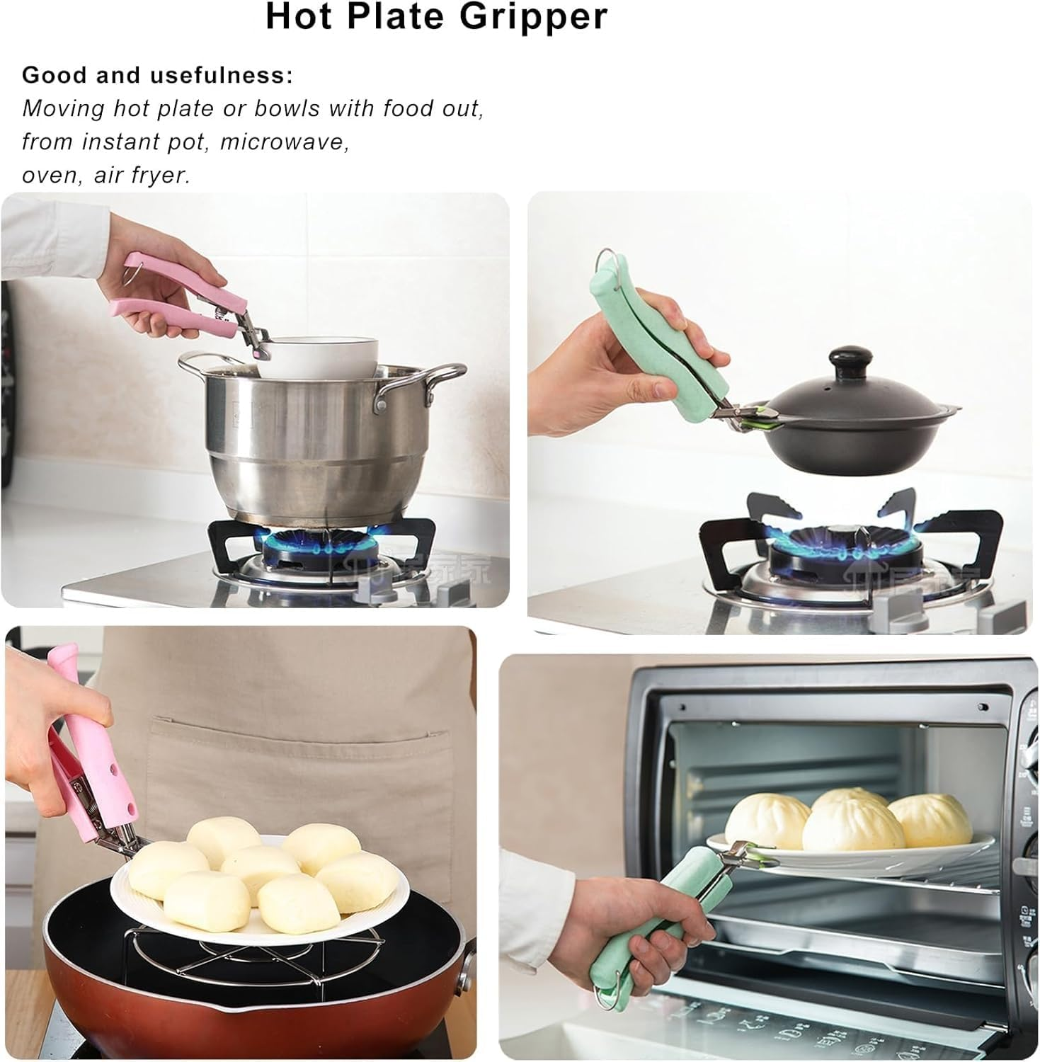 Stainless Steel Anti-Scalding Hot Bowl Dish Plate Gripper Clips Tongs Clamp Holder for Moving Hot Plate or Bowls with Food Out from Instant Pot Microwave Oven (Green,Pink, One Size) image number 3