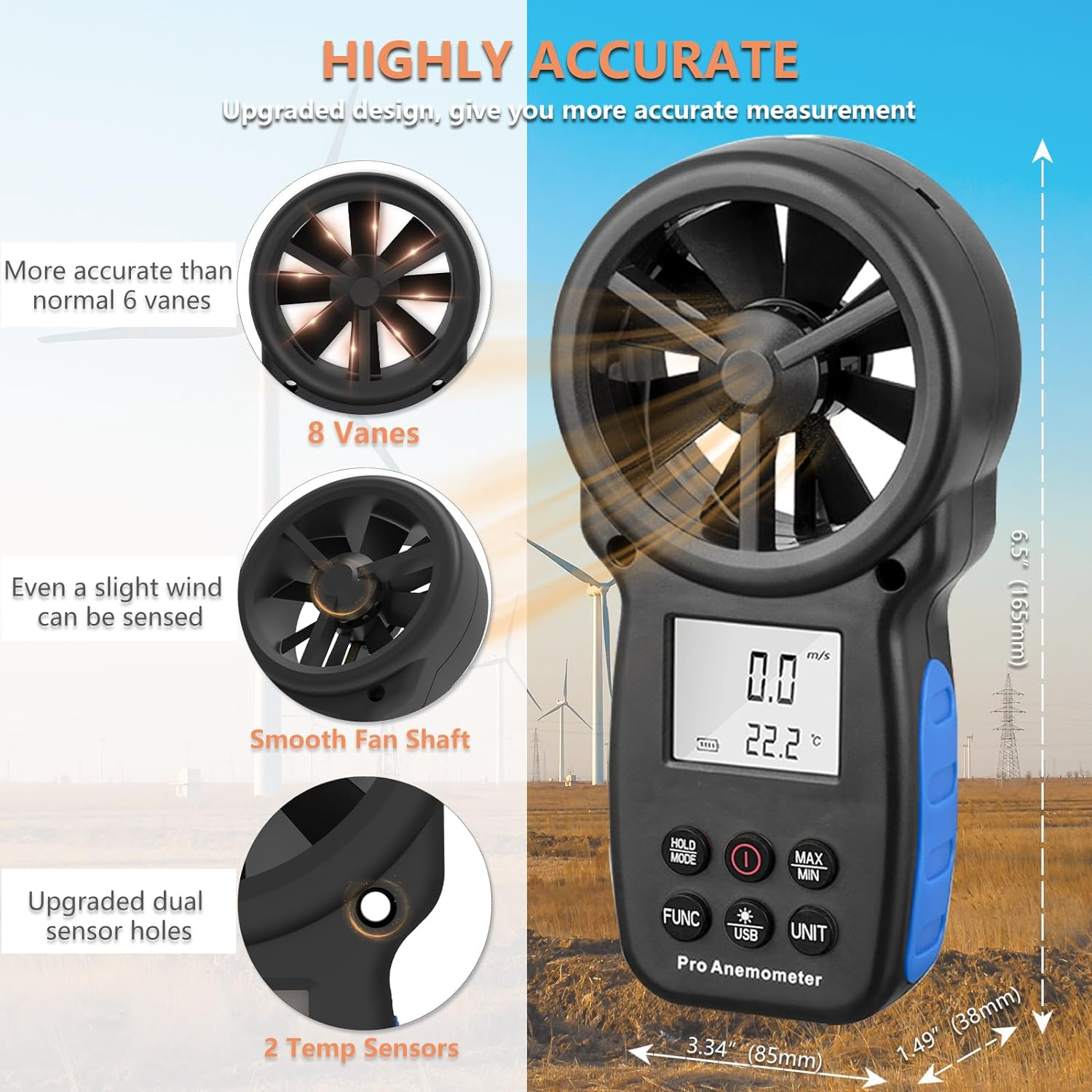 Holdpeak 866A Anemometer HVAC, Pro CFM Air Flow Meter for Wind Speed Temp Humidity Dew Point Airflow Measuring Device, Handheld Wind Gauge Meter with USB image number 2