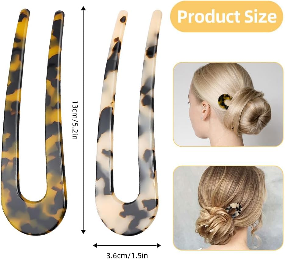 AYESY French Hairpin, 2 Pieces U-Shaped Hair Pins Acetate Tortoiseshell Fork Rods Delicate French Twist Pins for Bun Girls and Women Hair Fork Hairstyle Accessories image number 4