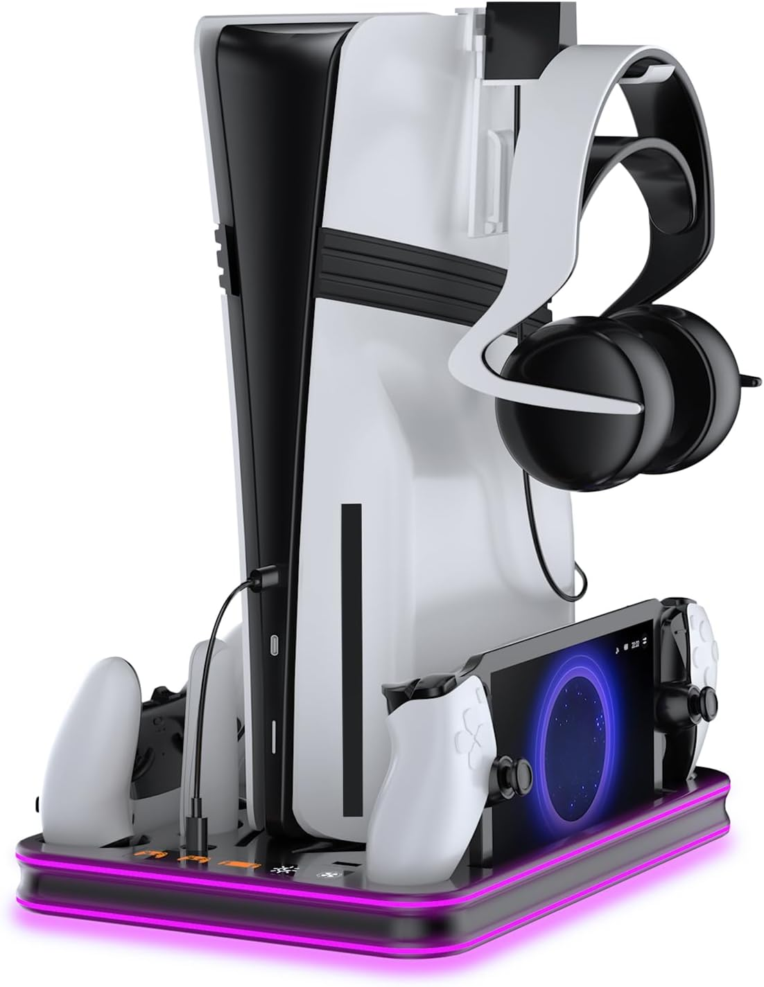 EJGAME PS5 Pro/Slim/Ps5 Stand and Cooling Station with RGB Lighting Controller Charging Station for Playstation 5 Console, PS Portal Charging Dock, P5 Pro Accessories with 3 Level Cooling Fan (Black)