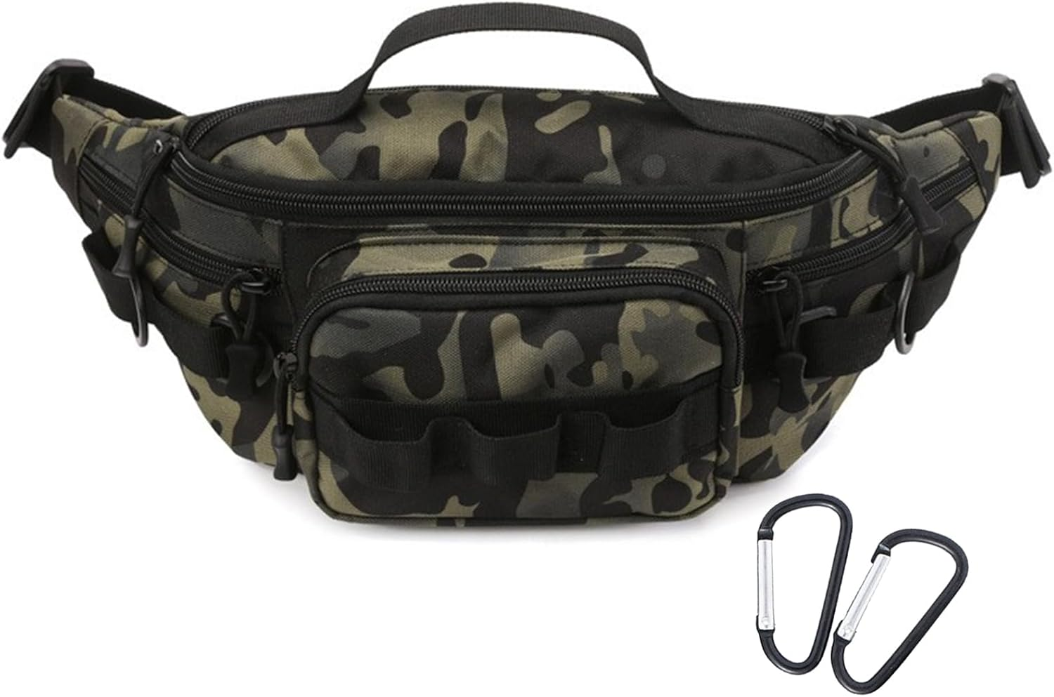 Tactical Fanny Pack, Water-Resistant Military Waist Bag for Outdoor Fishing, Hiking, Climbing - Small Tackle Storage Pack with 2 Mini Carabiners, Tan