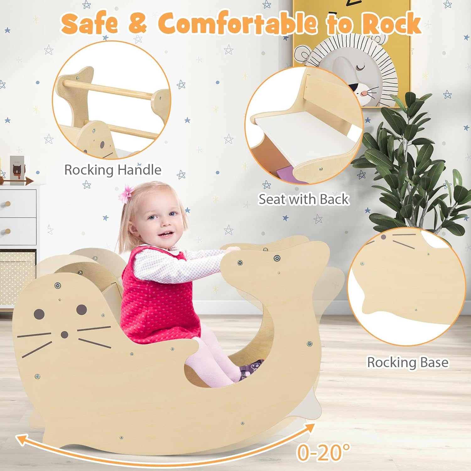 HONEY JOY 3-In-1 Climbing Toy Set for Kids, Indoor Arch Climber W/Cute Sea Lion Pattern & Rich Colors, Natural Solid Wood Bars, Smooth Seat & Back, Fun Play Table & Rocking Horse for 3-14 Years Old image number 6