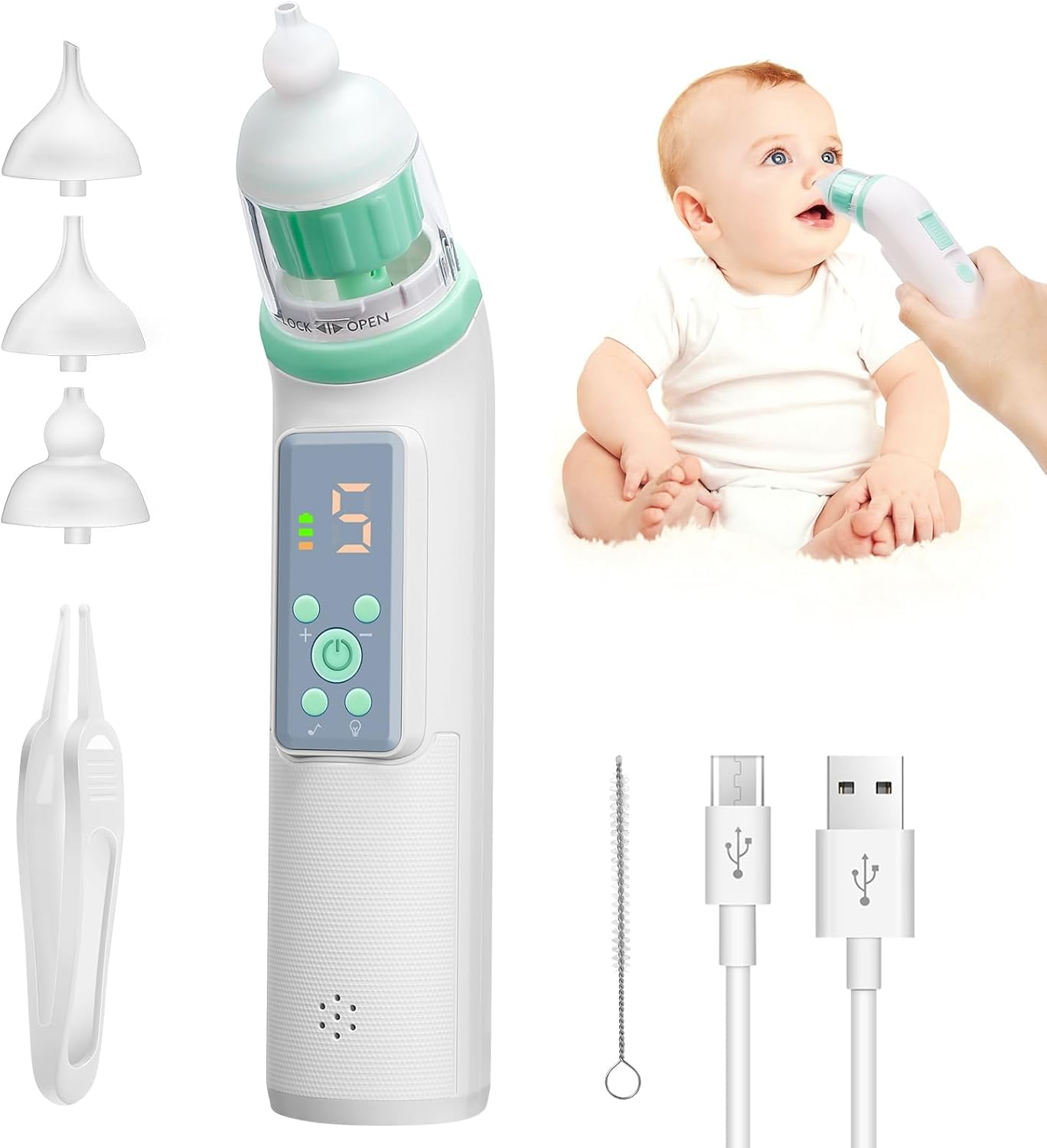 IODOO Electric Nasal Aspirator, Baby Nose Cleaner with 5 Suction Levels and 3 Silicone Tips, Rechargeable Mucus Sucker with Music and Soothing Light, for Newborns Babies and Children image number 1