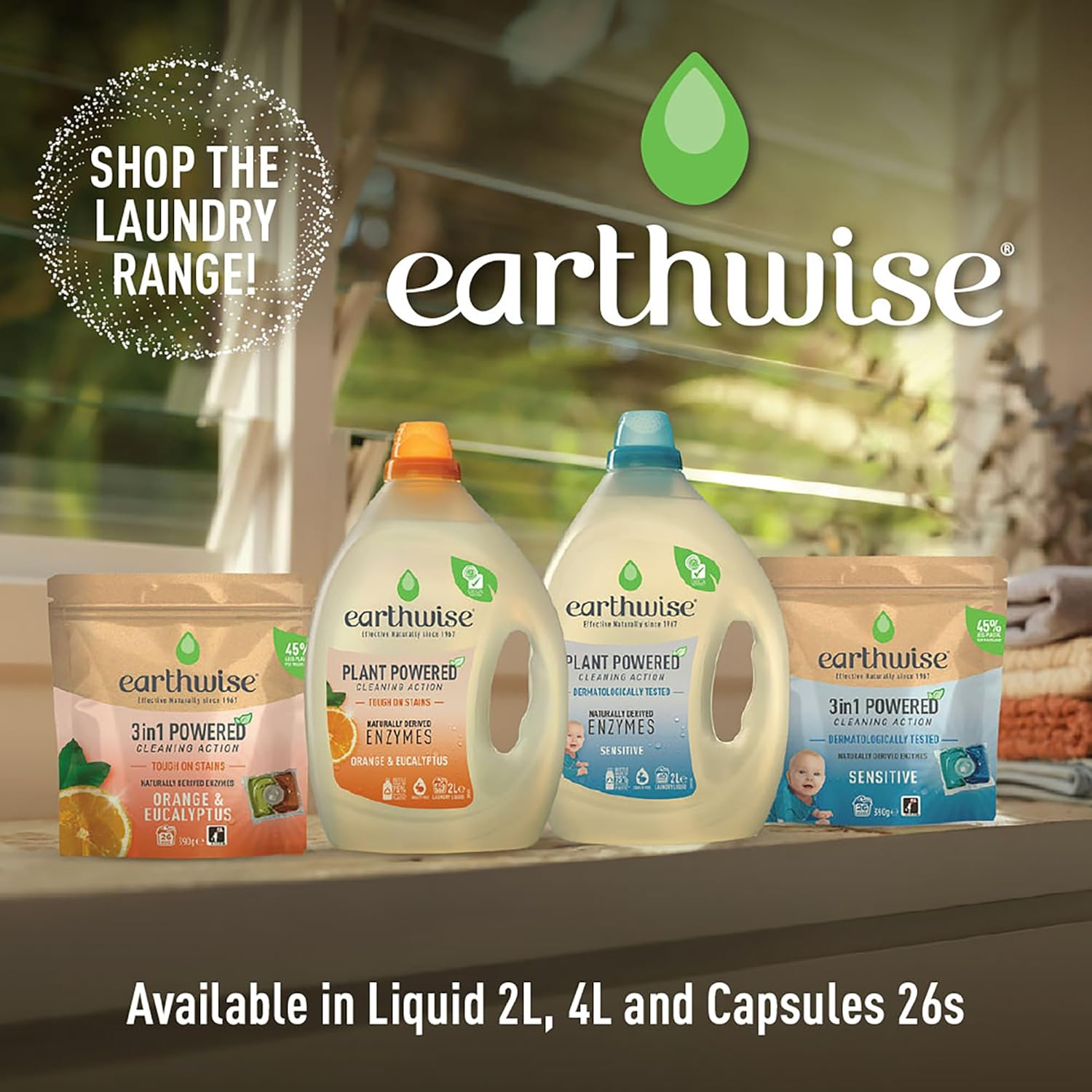 Earthwise Sensitive Laundry Washing Detergent Capsules, 26 Pack, 26 Washloads, Suitable for Front & Top Loader, Dermatologically Tested, 3In1 Powered Cleaning Action with Naturally Derived Enzymes image number 1