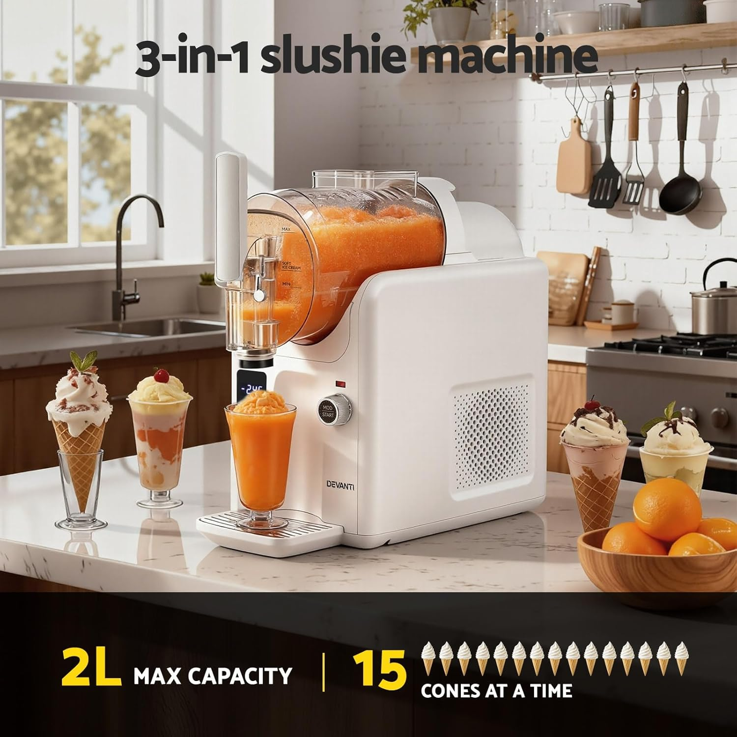 Devanti Slushie Machine Australia & Ice Cream Maker, 2L Large Slushie Maker, 20-Min Fast Cooling & One-Touch Cleaning, Ideal for Homemade Cocktails, Smoothies, Soft Ice Cream & Milkshakes, White image number 1