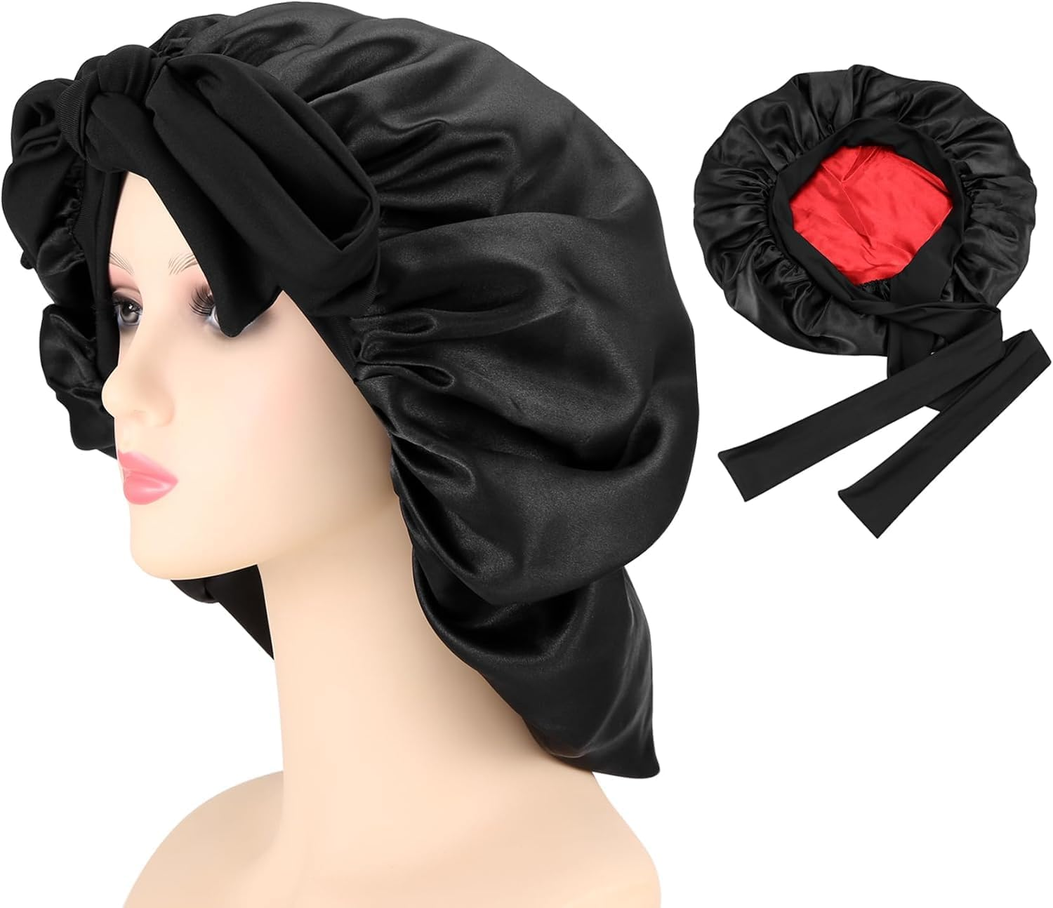 ZUJIACUN Large Satin Shower Cap, Double Adjustable Tie Strap to Protect Curly, Natural, Braided Hair - Perfect for Evening, Gym, Yoga (Black + Red) image number 4