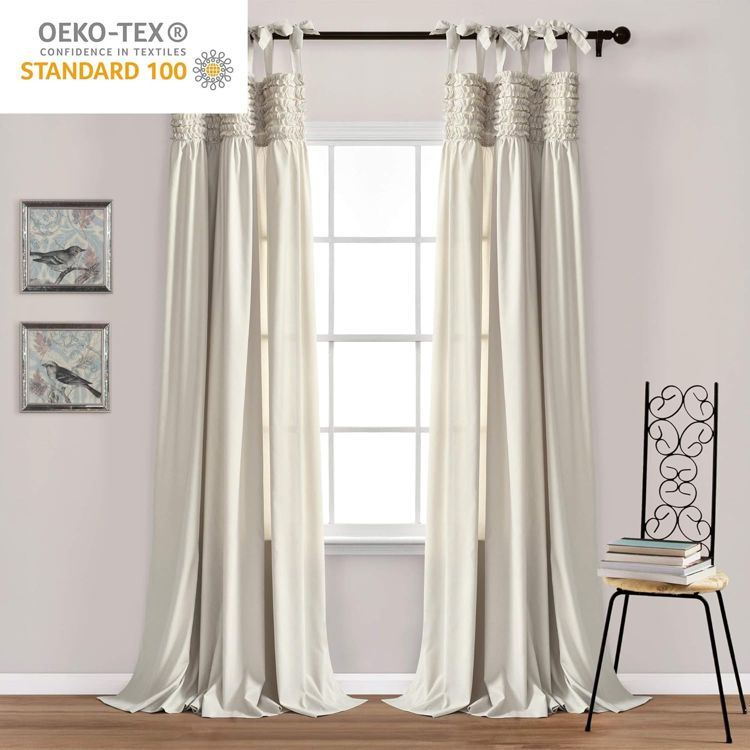 Lush Decor, Neutral Lydia Curtains Ruffle Window Set for Living, Dining, Bedroom X 40, 84 in L Panel Pair image number 2