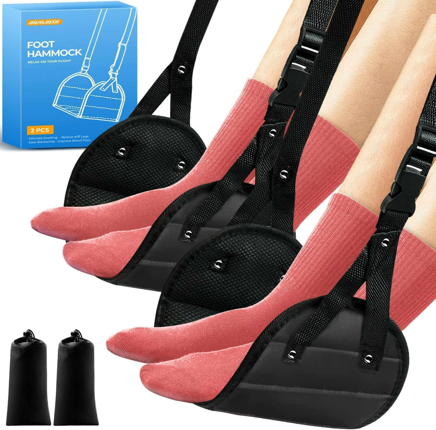 2-Pack Airplane Foot Hammock, Portable Leg Rest with Removable Cushion for Women and Men, Ergonomic Support for Travel, Car & Home image number 2