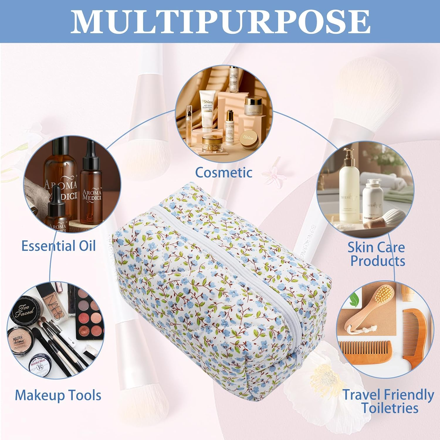Cotton Quilted Makeup Bag, Cute Pouch Toiletry Bag Cosmetic Bag Quilted Floral Organizer Bag Travel Coquette Aesthetic Portable Storage Zipper Purse for Women, Blue, Cute