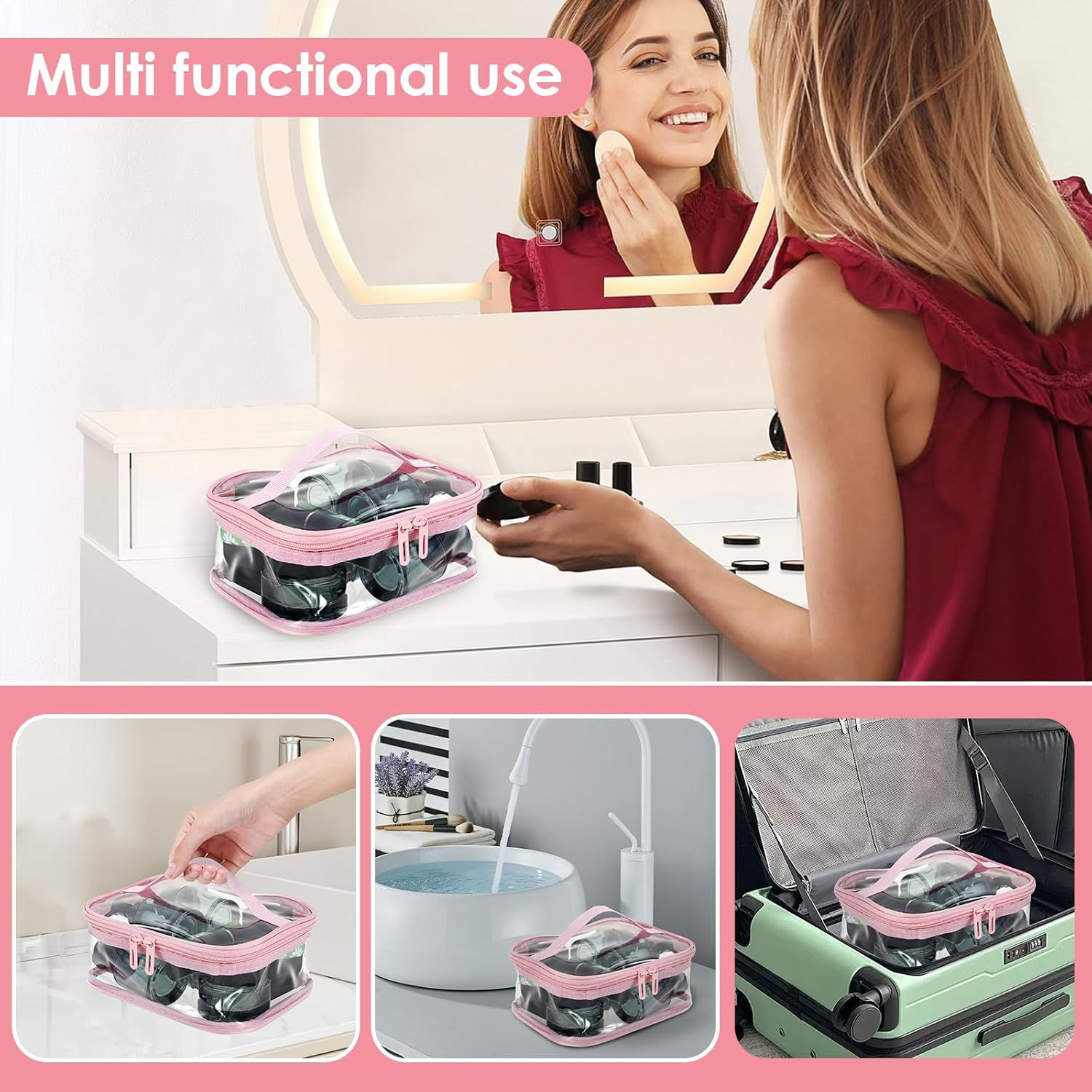 Makeup Bag Clear Toiletry Bag Travel Essentials Cosmetic Bag for Women Portable Traveling Carry on Airport Airline Compliant Bag (Pink) image number 1