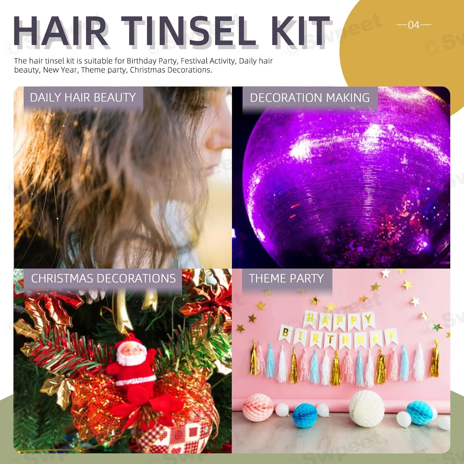 Swpeet 214Pcs 47" Hair Tinsel Kit Including 12 Mixed Colors 2400 Strands Hair Tinsel 200Pcs Silicone Lined Micro Ring Crochet Hook 5" Tweezer for Girl Kids Christmas New Year Halloween Cosplay Party image number 6
