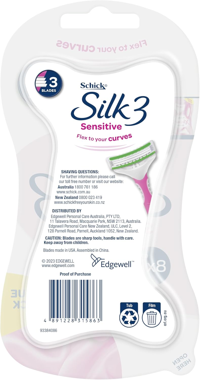 Schick - Silk 3 for Women Disposable Razors 8Pk | 8 Pack | Sensitive | 3 Blade Razor | Aloe Vera | Vitamin E | Flex to Your Curves