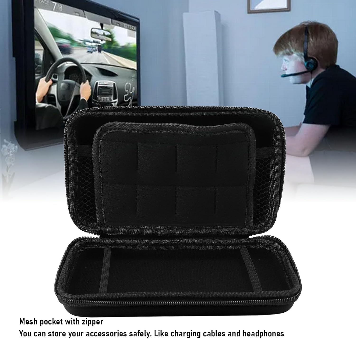 Carrying Case for 3Ds/New 3DS Xl/New 2DS XL, Hard Protective Shell Travel Case, with 8 Game Card Slots & Inner Pocket, Hard EVA Portable Console Protective Pouch (Black) - Black image number 3