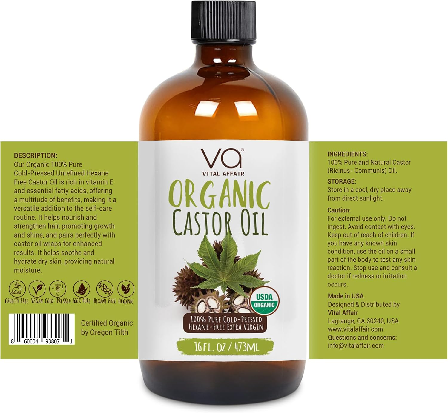 VITAL AFFAIR Pure Castor Oil Organic Cold Pressed Unrefined Glass Bottle-Usda Certified for Castor Oil Pack Wrap for Face,Hair Growth,Eyelashes,Eyebrows-16Oz image number 5