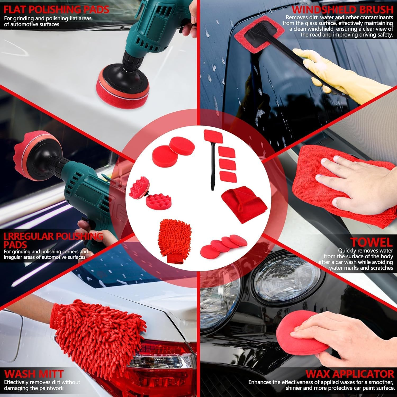 35Pcs Car Detailing Kit, Drill Brush Attachments with Detailing Brush Set and Tools Box, Red Auto Cleaning Kit Interior for Wheels, Dashboard, Windows image number 4