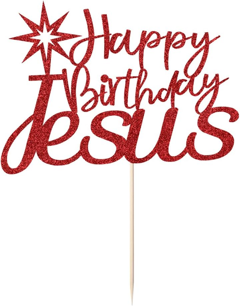 Sparkling Happy Birthday Jesus Cake Toppers - Jesus Birthday, Good Friday Cake Decoration、 Easter Party Decorations, Christmas Party Decoration Supplies (Red)