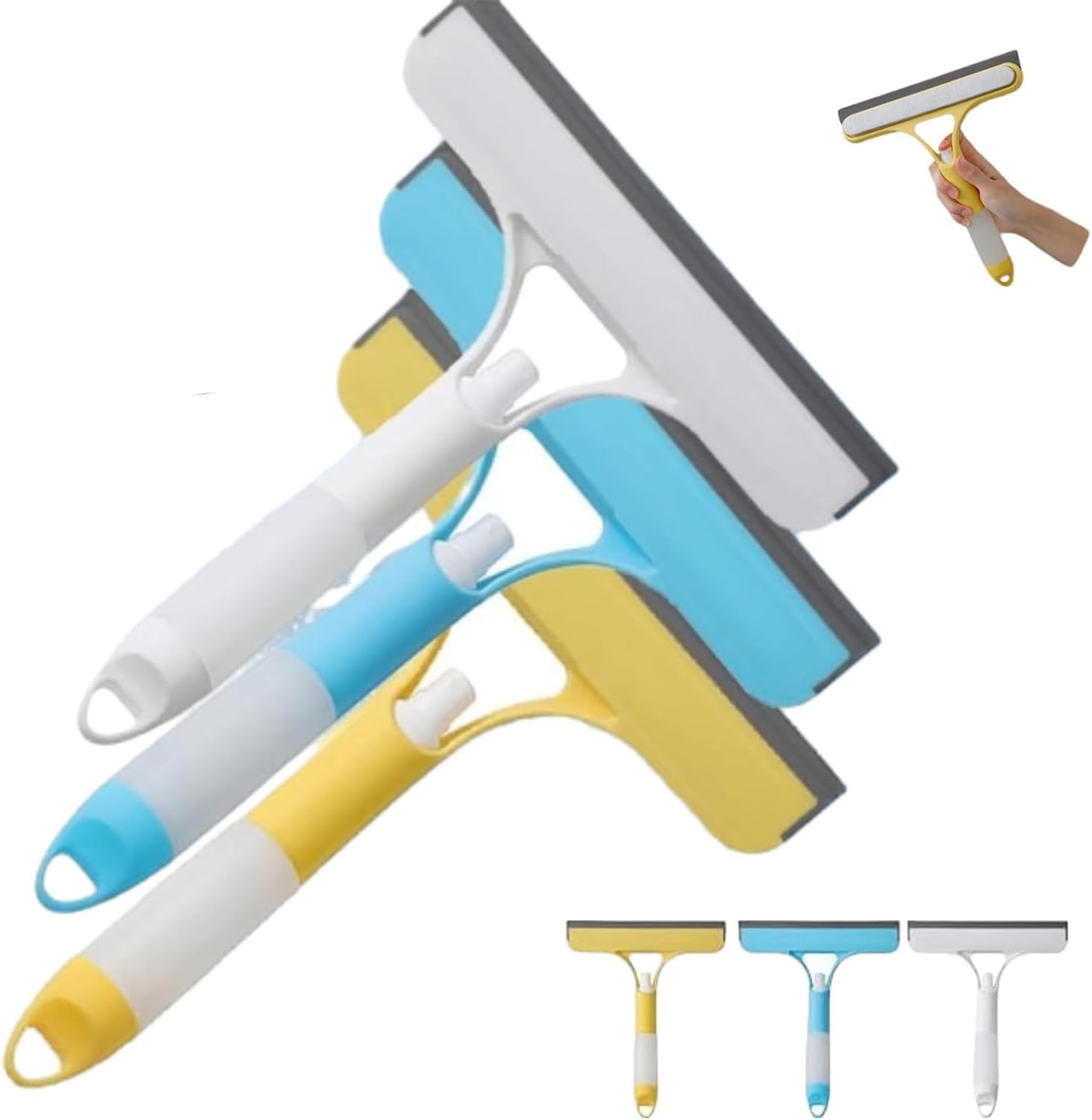 2025 New Window Cleaning Scraper 3 in 1, Squeegee for Shower Glass, Spray Function for Glass Doors and Windows, Mirrors Scraper, Brush. All-Purpose Window Cleaner Tool (Yellow+Blue+White) - Blue image number 7