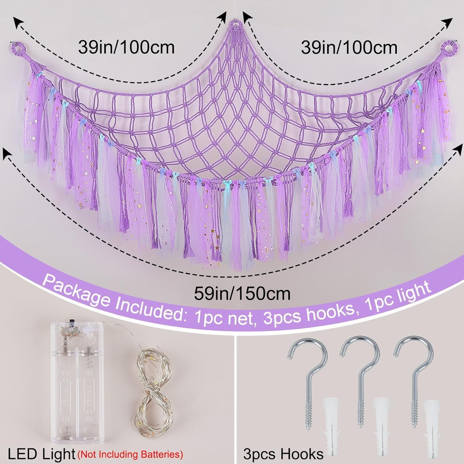 Stuffed Animals Toy Hammock Net, Kids Toy Storage with LED Light Hooks, Stuffed Animals Holder for Soft Bears Toys, Corner Hanging Toy Organizer Storage for Nursery Kids Bedroom Decor(Purple) image number 3
