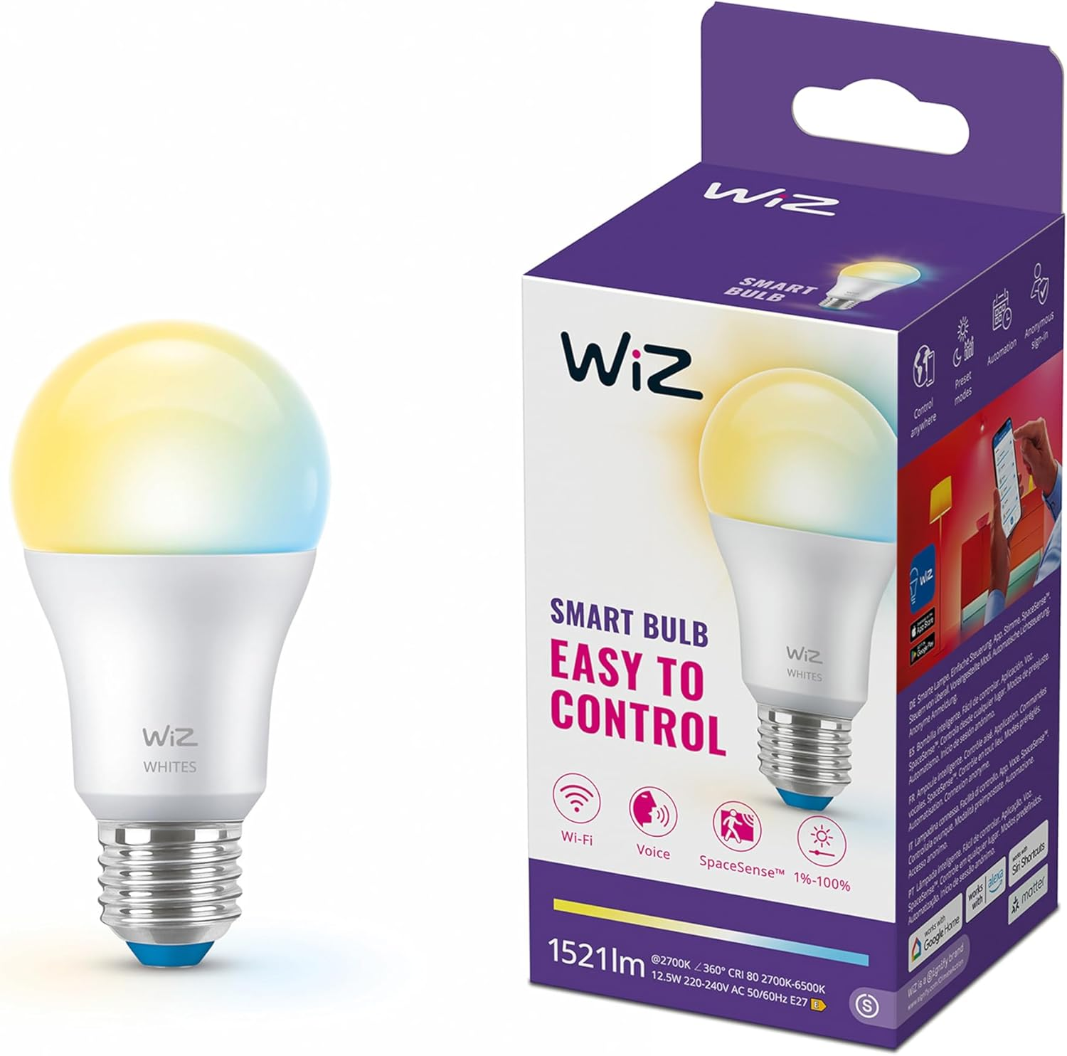 Wiz A60 Smart LED Bulb, Adjustable White, E27 Base, 100 W, 2200-6500 K, 1521 Lumens, Dimmable, Compatible with Alexa, Google Assistant and Apple Home, Pack of 1